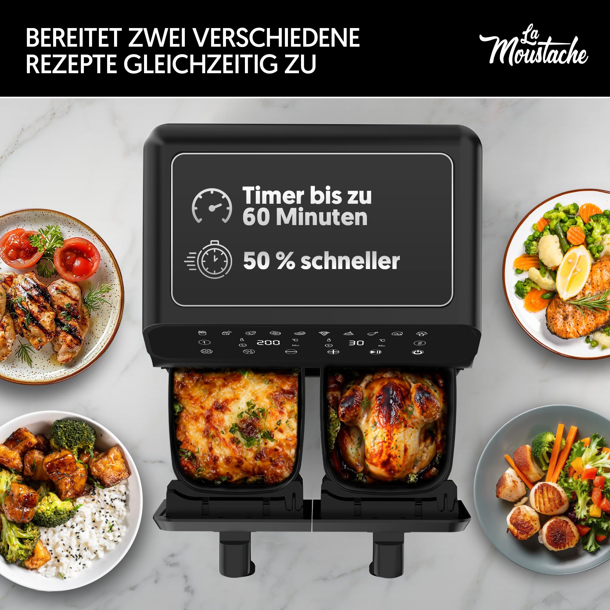 La Moustache - Heißluftfritteuse XXL, 2 Fächer, 8L Inklusive【E-Book mit 50 Rezepten】6 Kochfunktionen, 10 Programme, Air Fryer mit Antihaftbeschichtung, Max 220°C, Timer, 1700W (DuoFry Black)