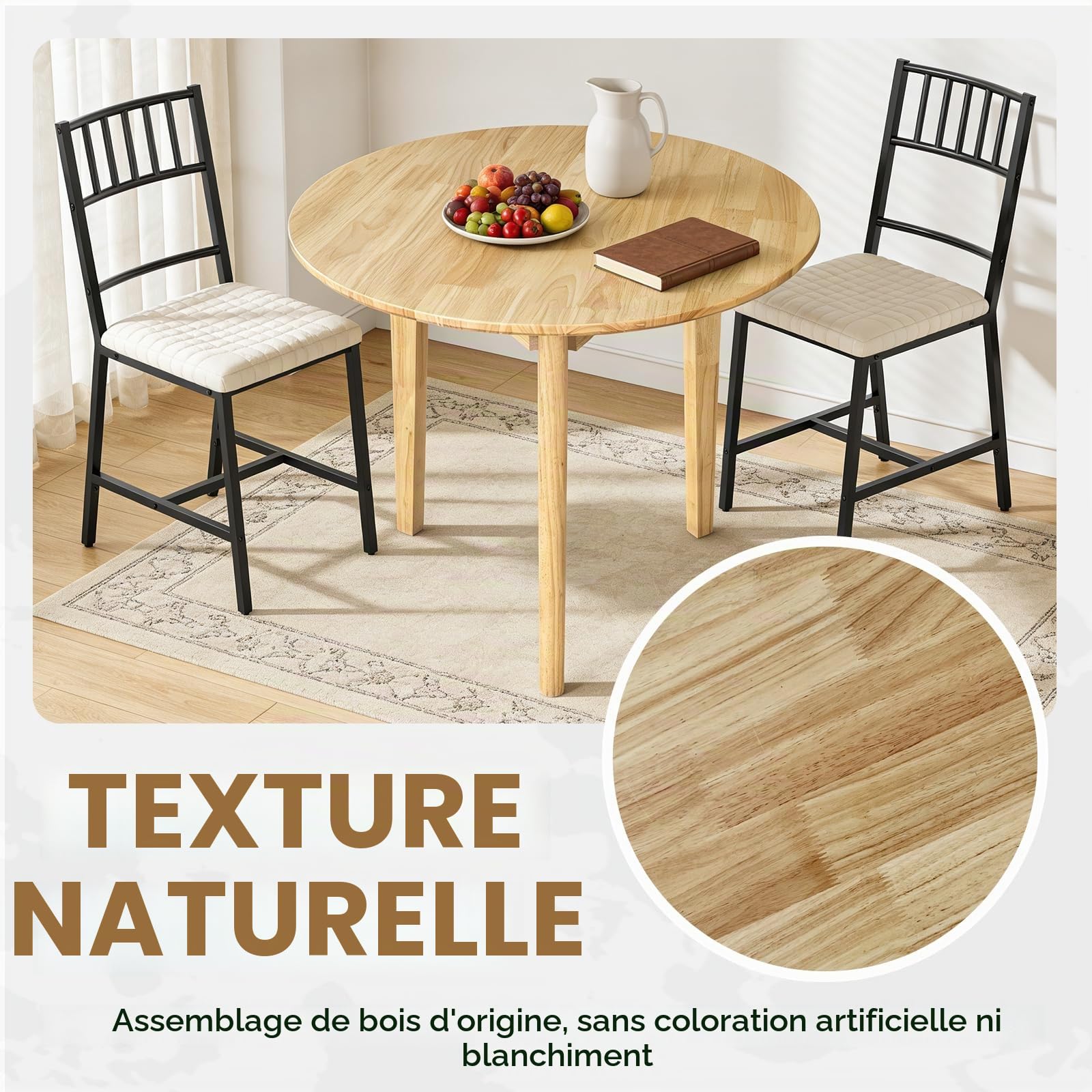 Table à Manger Ronde QLLY en Bois Massif, Table de Cuisine, 80 cm, Naturel