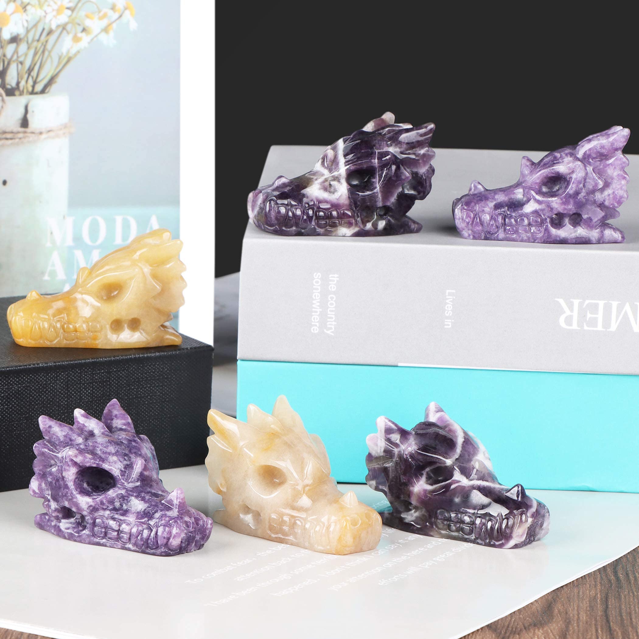 SMQ Amethyst Crystals Dragon Head Skull Statue Hand Carved Gem Purple Dragon Figurine Animal Carvings Collectible Healing Stones for Home Office Desk Decor(2 Inch)