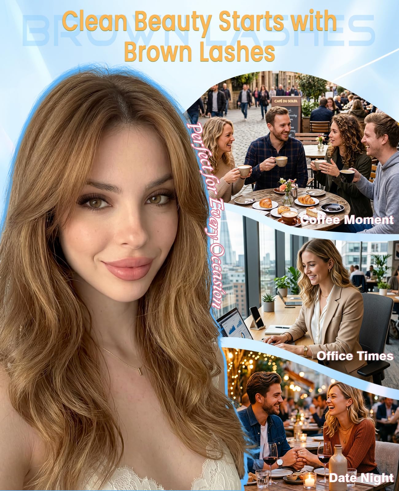 Obeyalash Zestaw do przedłużania rzęs w kolorze brązowym, 156 szt., zestaw do przedłużania rzęs C Curl Cluster Natural Brown (YLB09)