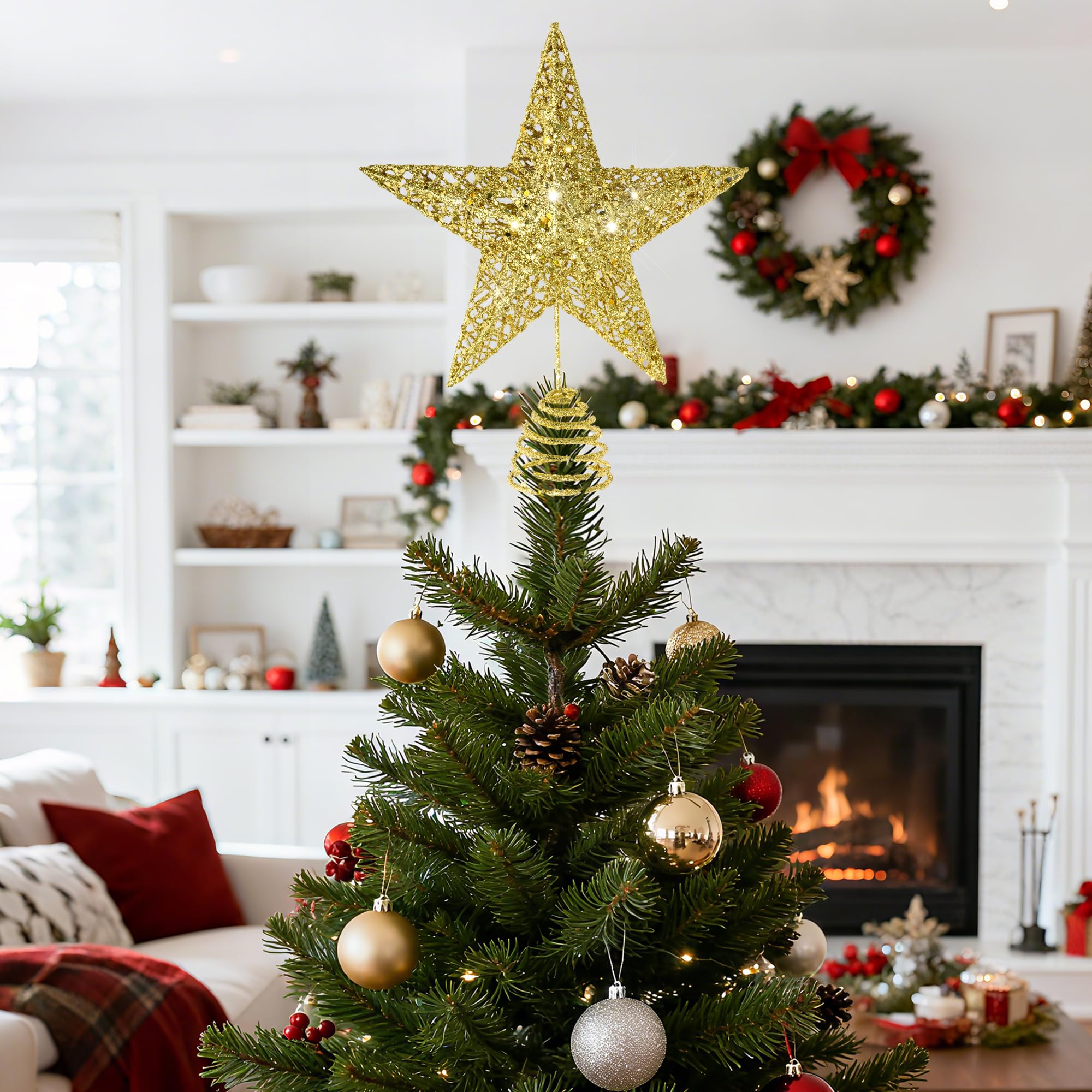 Glitzernde Weihnachtsbaumspitze, hohler Draht, Stern, Weihnachtsbaumspitze, Ornament (Gold)