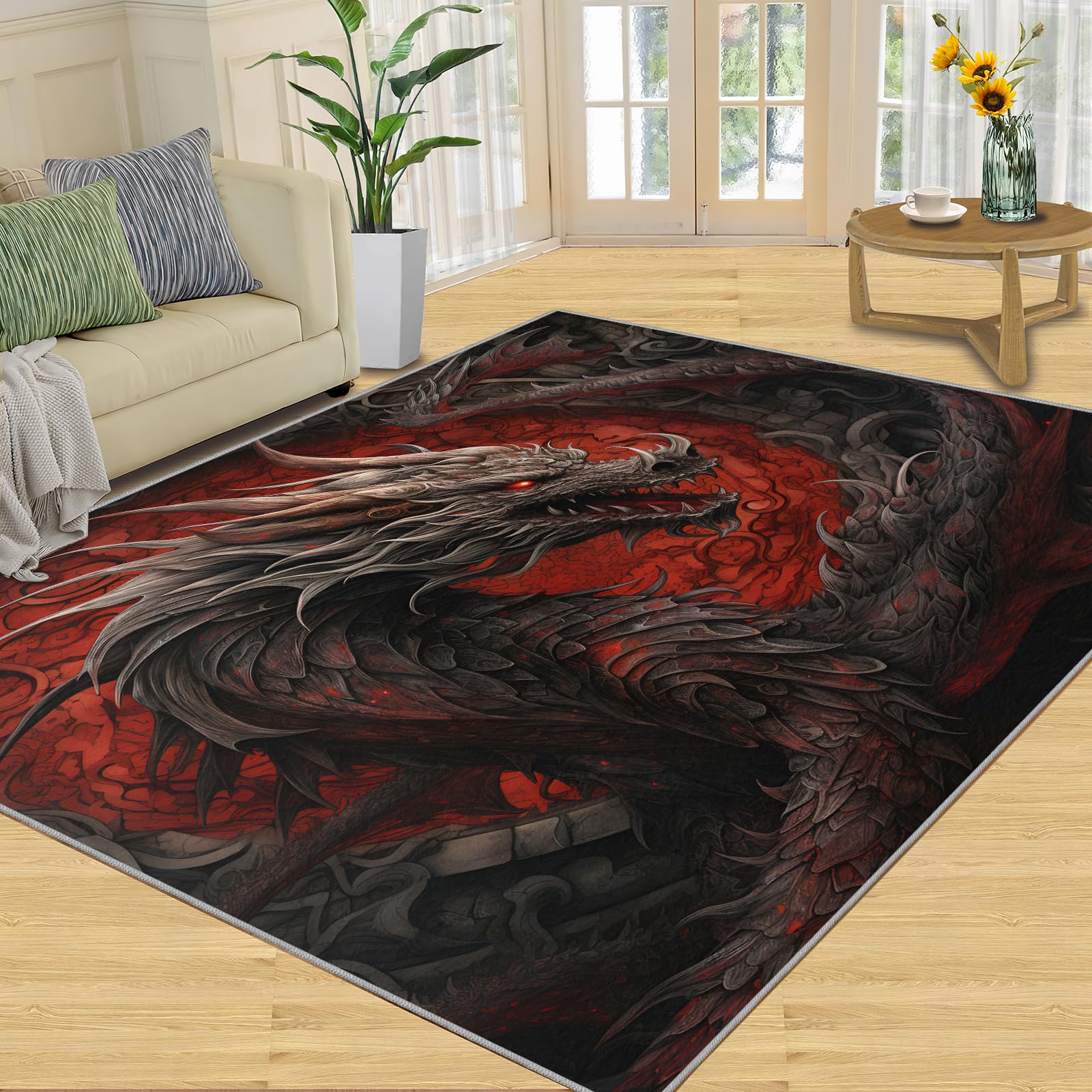 Tapis dragon rouge et noir, à poils ras et antidérapant, pour salon, chambre à coucher, cuisine, salle à manger, bureau, 80 x 150 cm