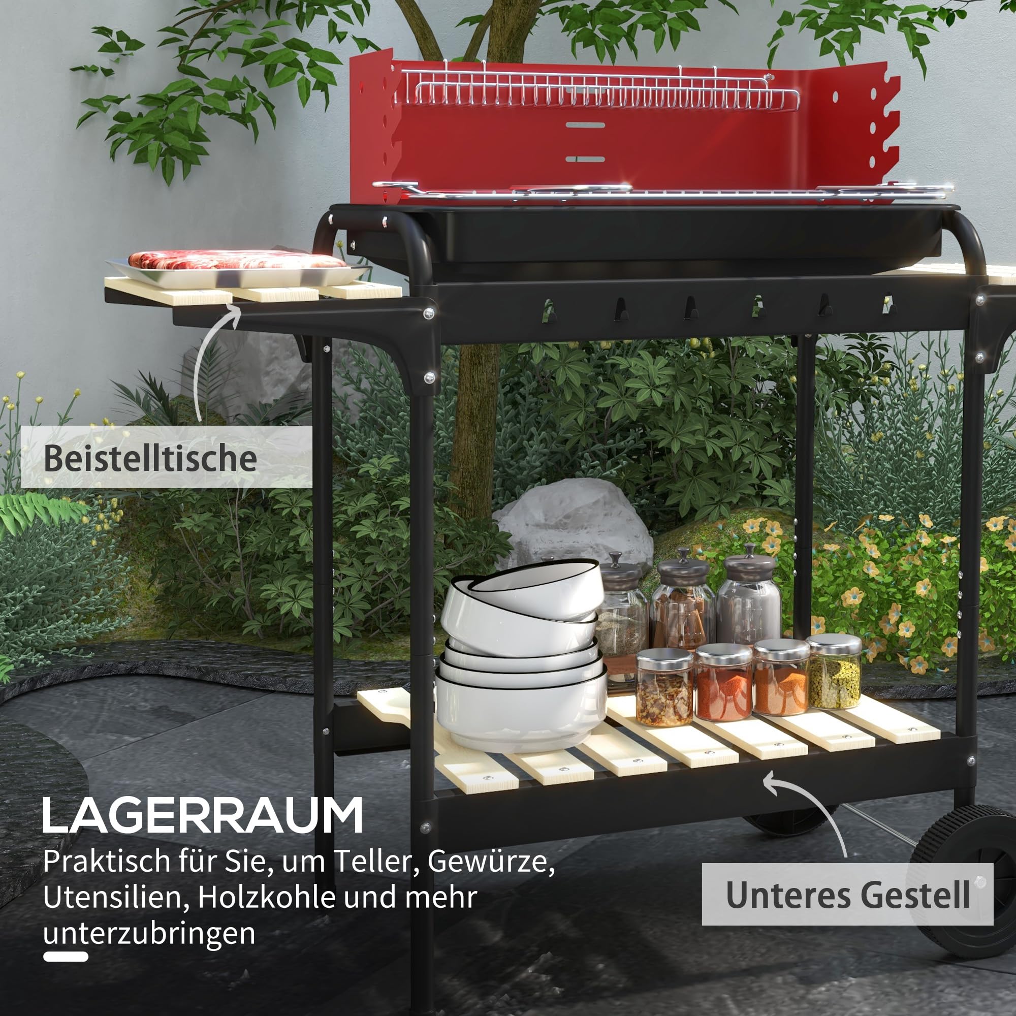 Outsunny Grill na węgiel drzewny z metalu BBQ Smoker z kółkami 103 x 47 x 95 cm | Ruszt do grillowania z regulacją wysokości, półka drewniana, wózek na węgiel drzewny, grill węglowy na kemping, taras