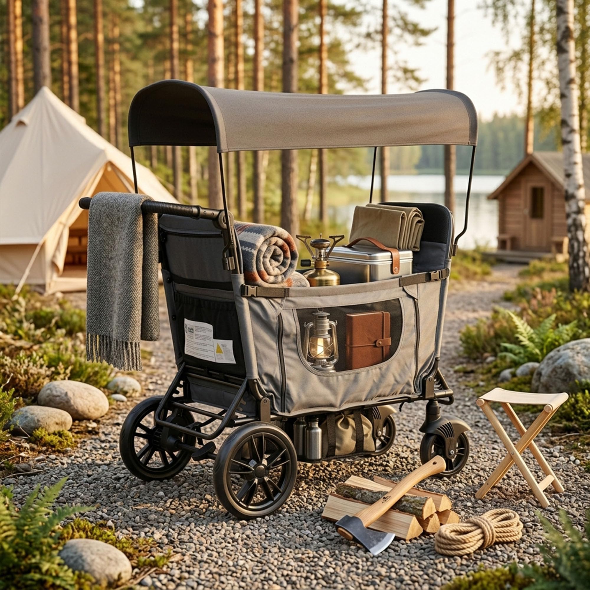 SACOOL Carrello per 2 bambini, pieghevole, grigio scuro, convertibile da sedile a letto, maniglia regolabile in 8 posizioni, tettuccio parasole, vassoio, cintura a 5 punti, ruote in poliuretano con