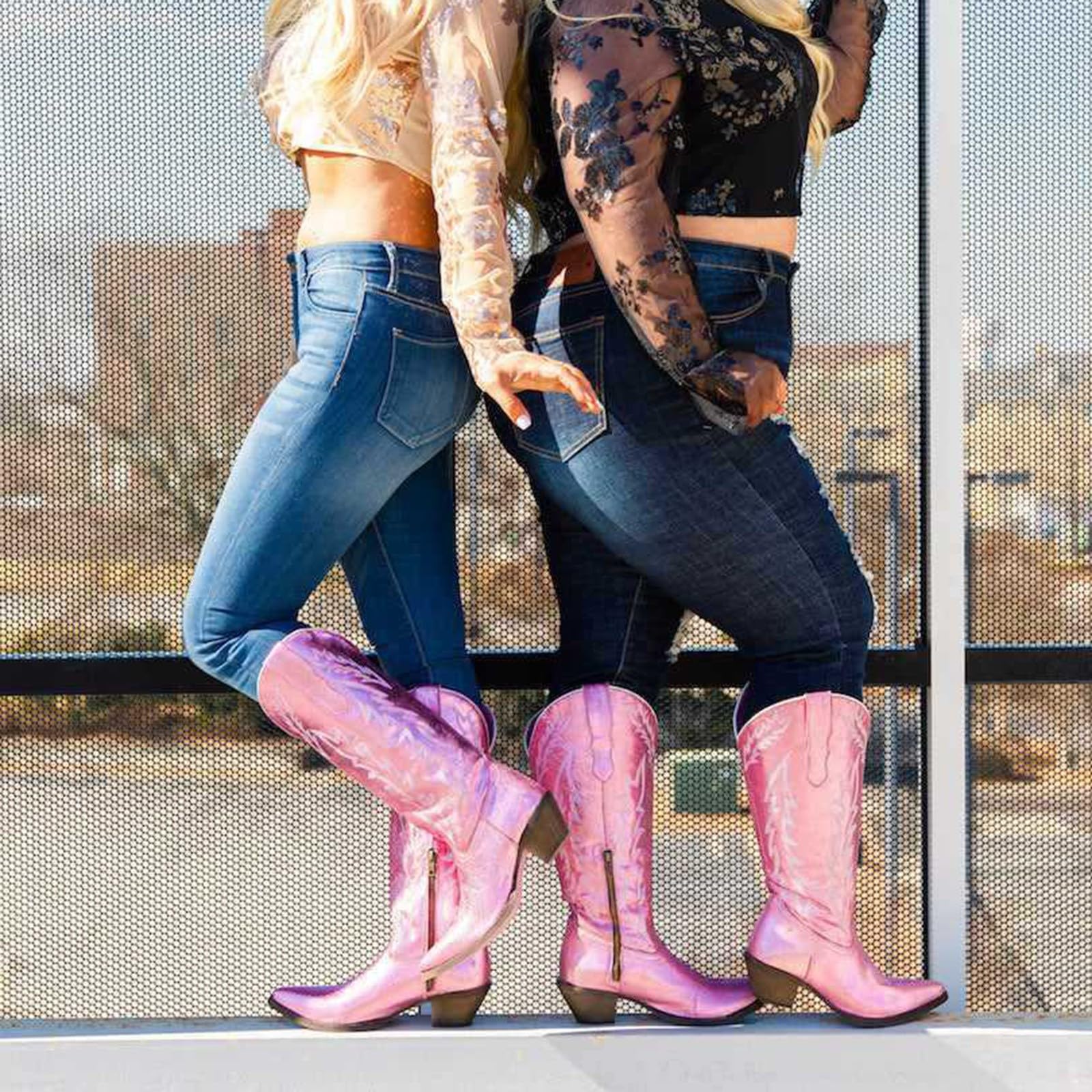 Stivali da cowboy da donna, vestibilità larga, tacco medio, retrò, a punta, stile country, stile casual, ricamati in stile country, stivali classici da donna, in pelle, per feste e balli