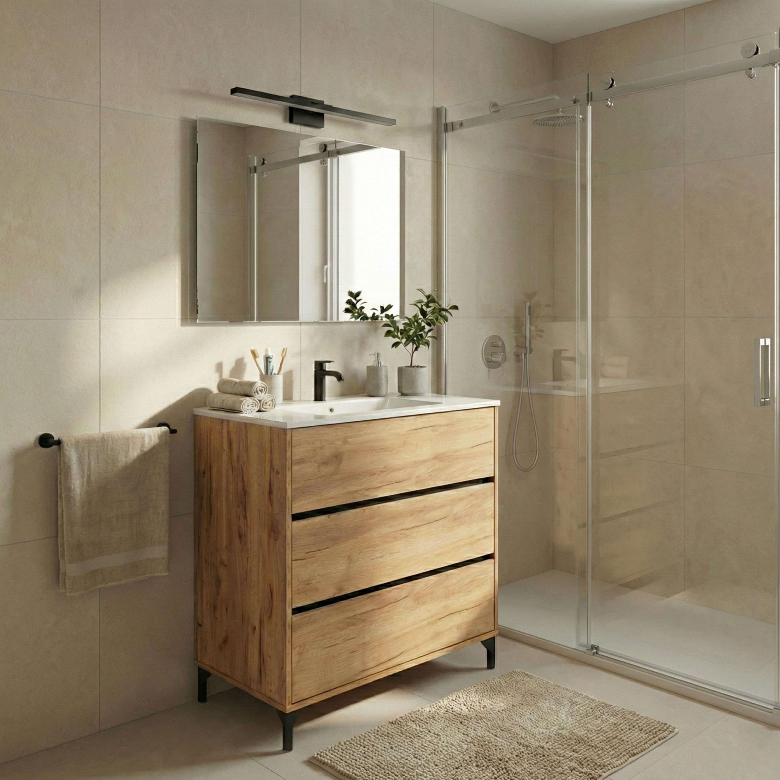 Miroytengo Mueble de Baño para Lavabo 80 cm Elba 3 Cajones Guías Metálicas Roble Kraft (SIN Lavabo)
