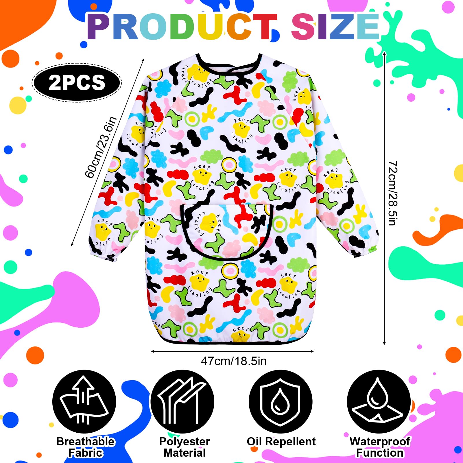 2Pcs Kids Art Aprons for Age 7-12 Years Girls Boys,Waterproof Graffiti Painting Aprons Long Sleeves with Pockets,Kids Painting Smock Toddler Children,Play Apron for Painting,Craft,School,Cartoon - Image 2
