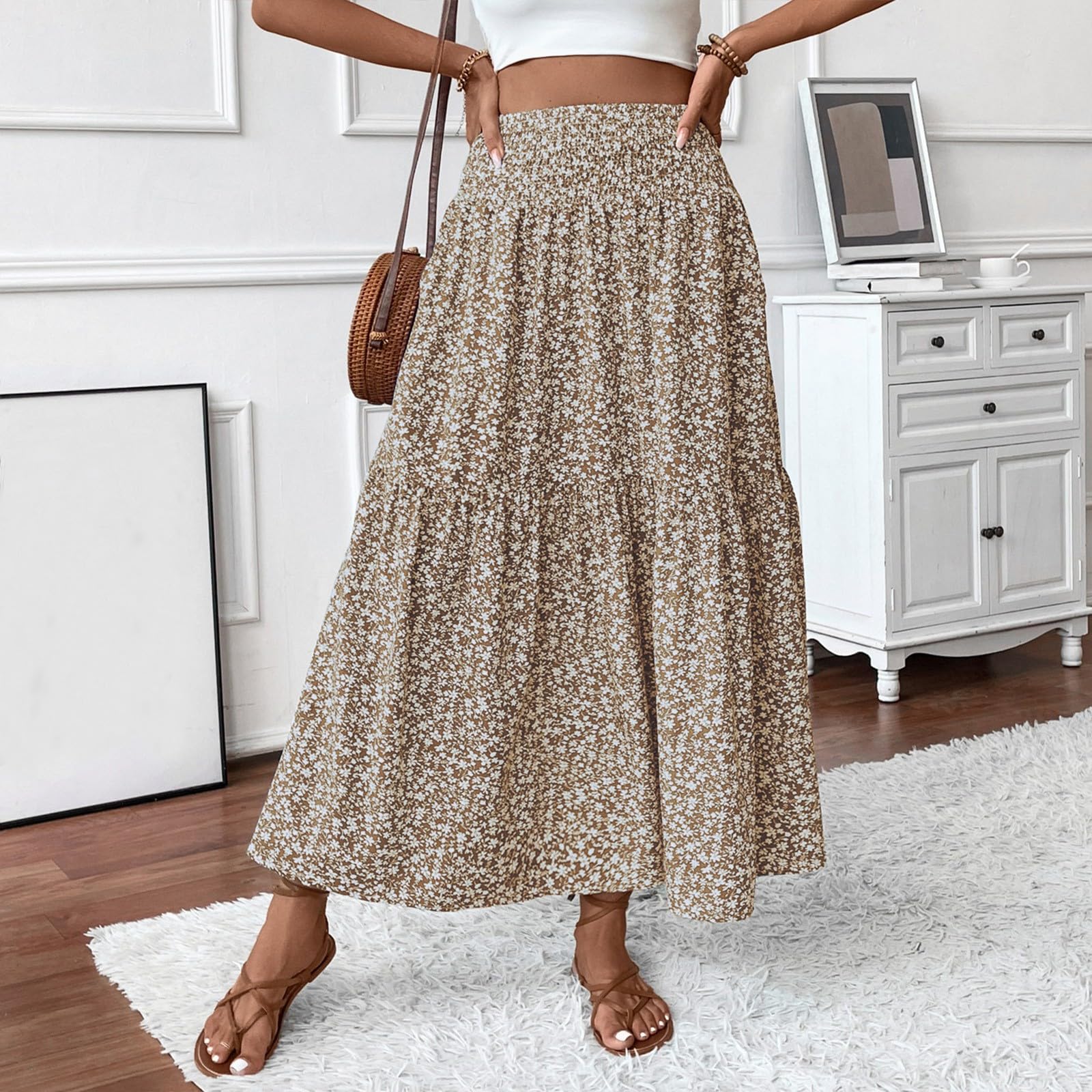 Damen Rock Lang Elegant Sommerrock Mit Taschen Stretch High Waist Damenröcke Boho Strand Summer Skirt