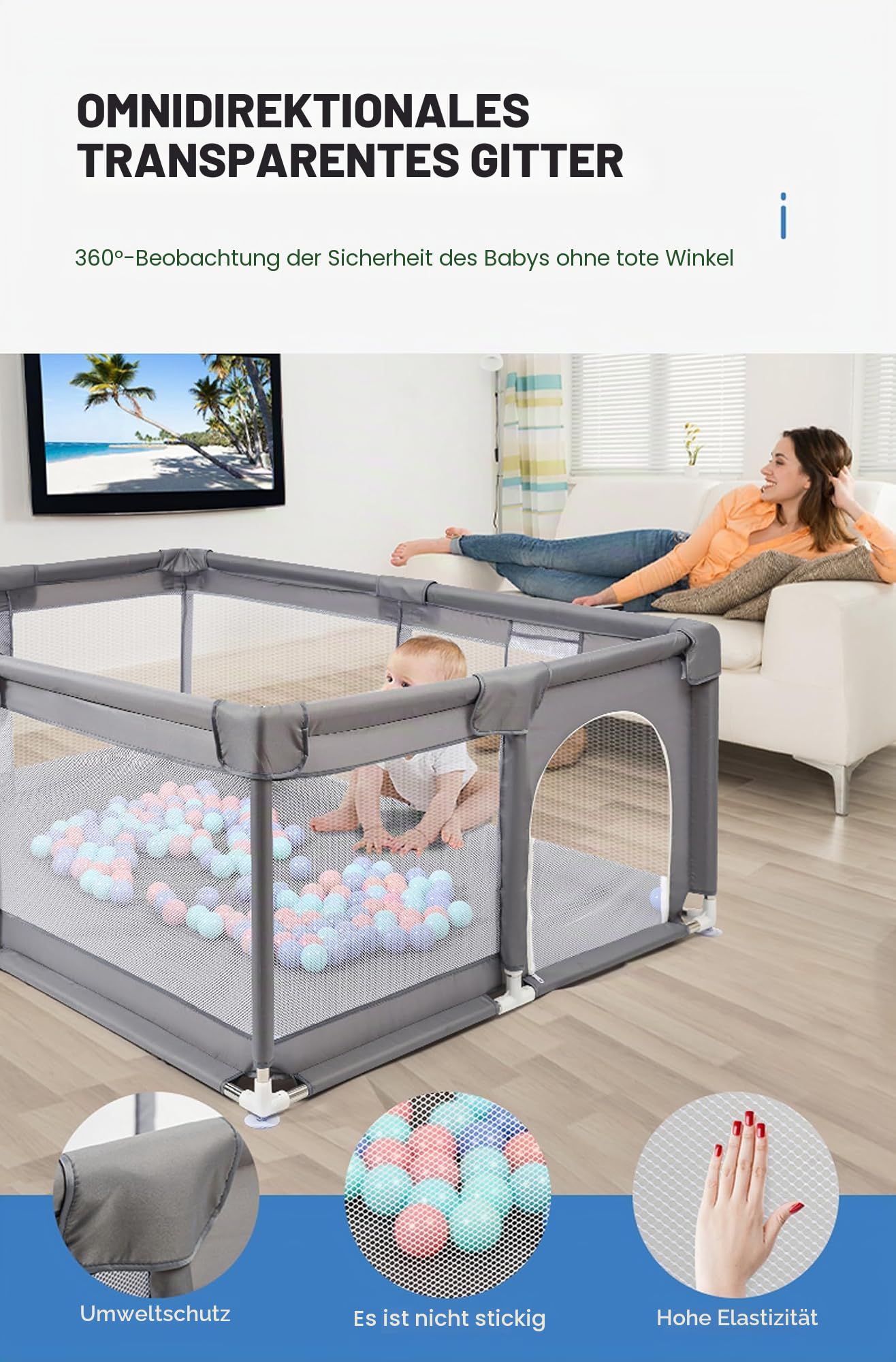 Laufstall Baby, Laufstall für Drinnen, Großer Laufgitter Baby, Kinderaktivitätszentrum Spielhof Spielplatzpark für Kinder mit Antikollisionsschaum (2.0 * 2.0M)