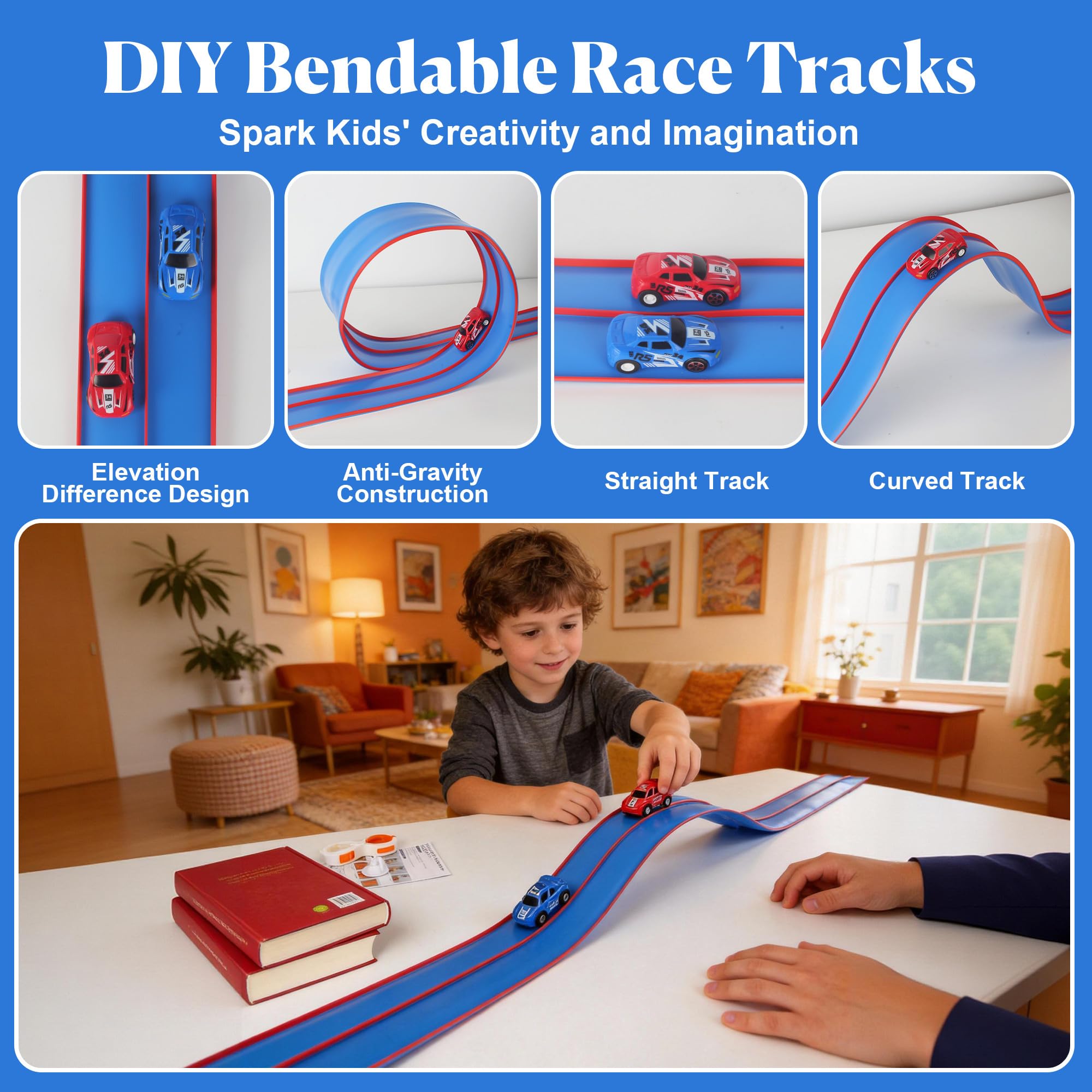 Juego de pistas de carreras flexibles para niños de 4,5 metros, hipódromo flexible para niños, Hot Wheels, pista de carreras portátil Hot Wheels con rampa doble, adecuada para niños