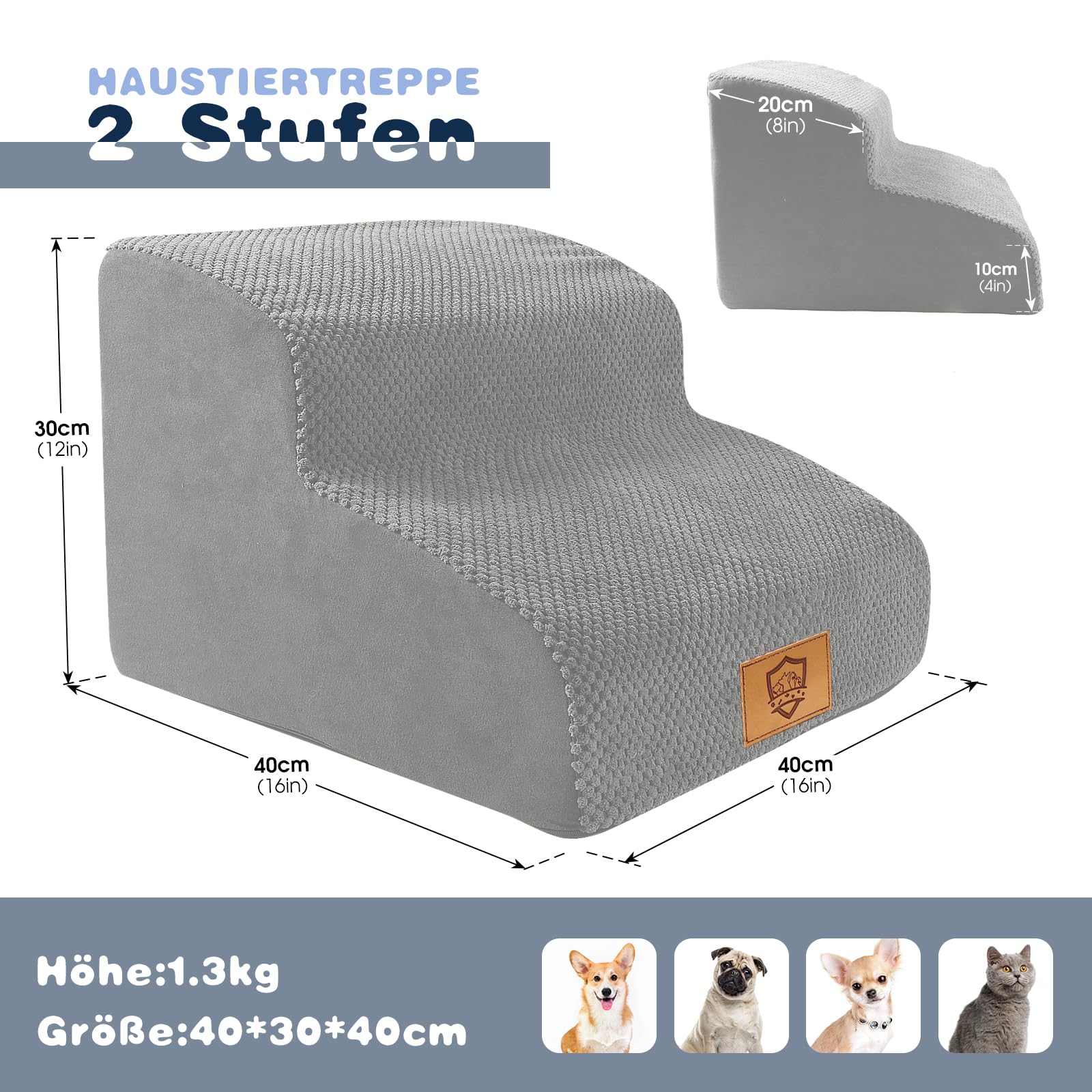 Thihome Scale per Cani 2 Gradini, Scala per Cani in Spugna, Scaletta Impermeabile per Animali Domestici, con Rivestimento Rimovibile e Fondo Antiscivolo, per Divano e Letto Alto, Grigio