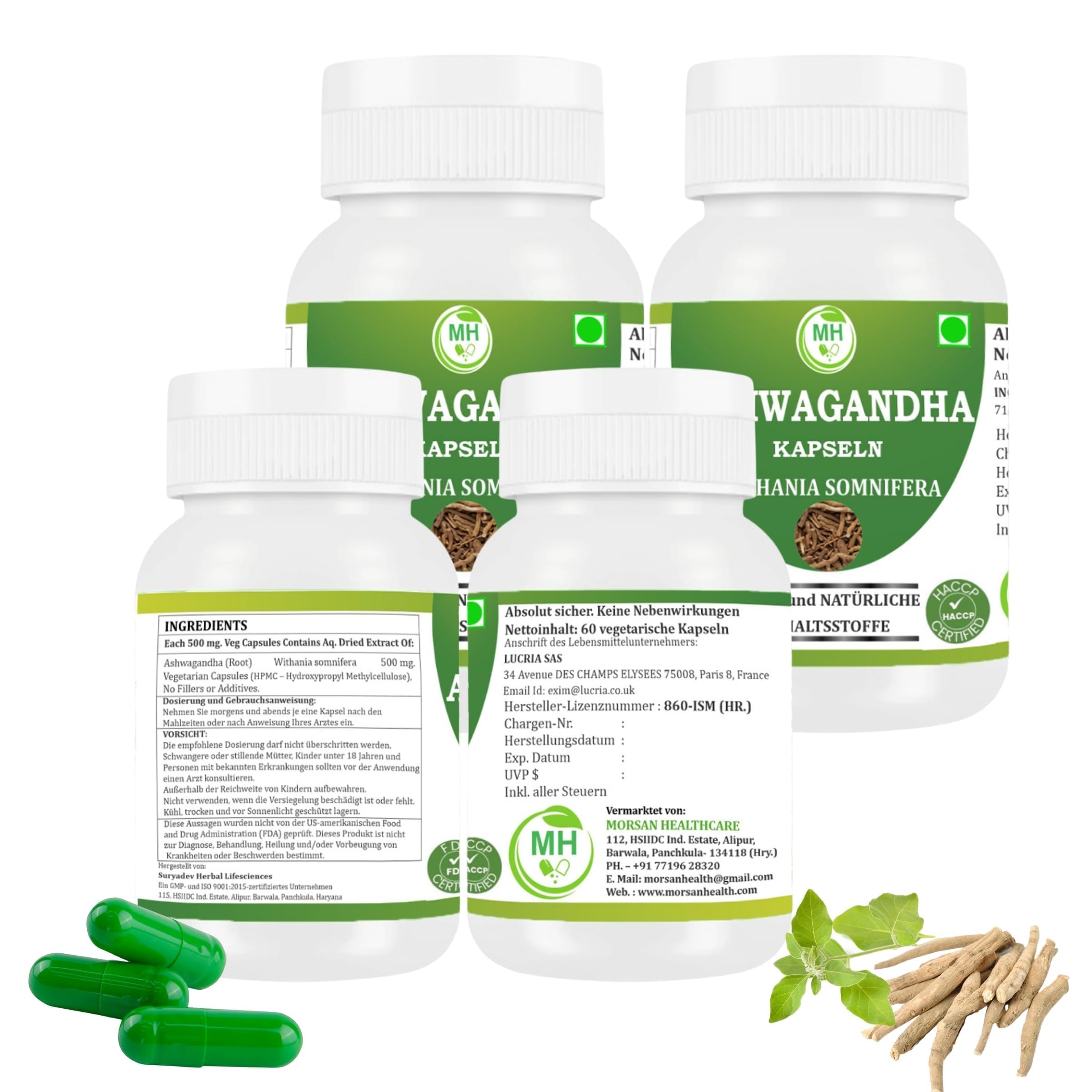 Cápsulas de Ashwagandha Morsan Healthcare | Extracto de Withania Somnifera | 500 mg por cápsula | Sin OGM, Veganas y Sin Gluten | 240 Cápsulas Veganas | Pack de 4 Frascos