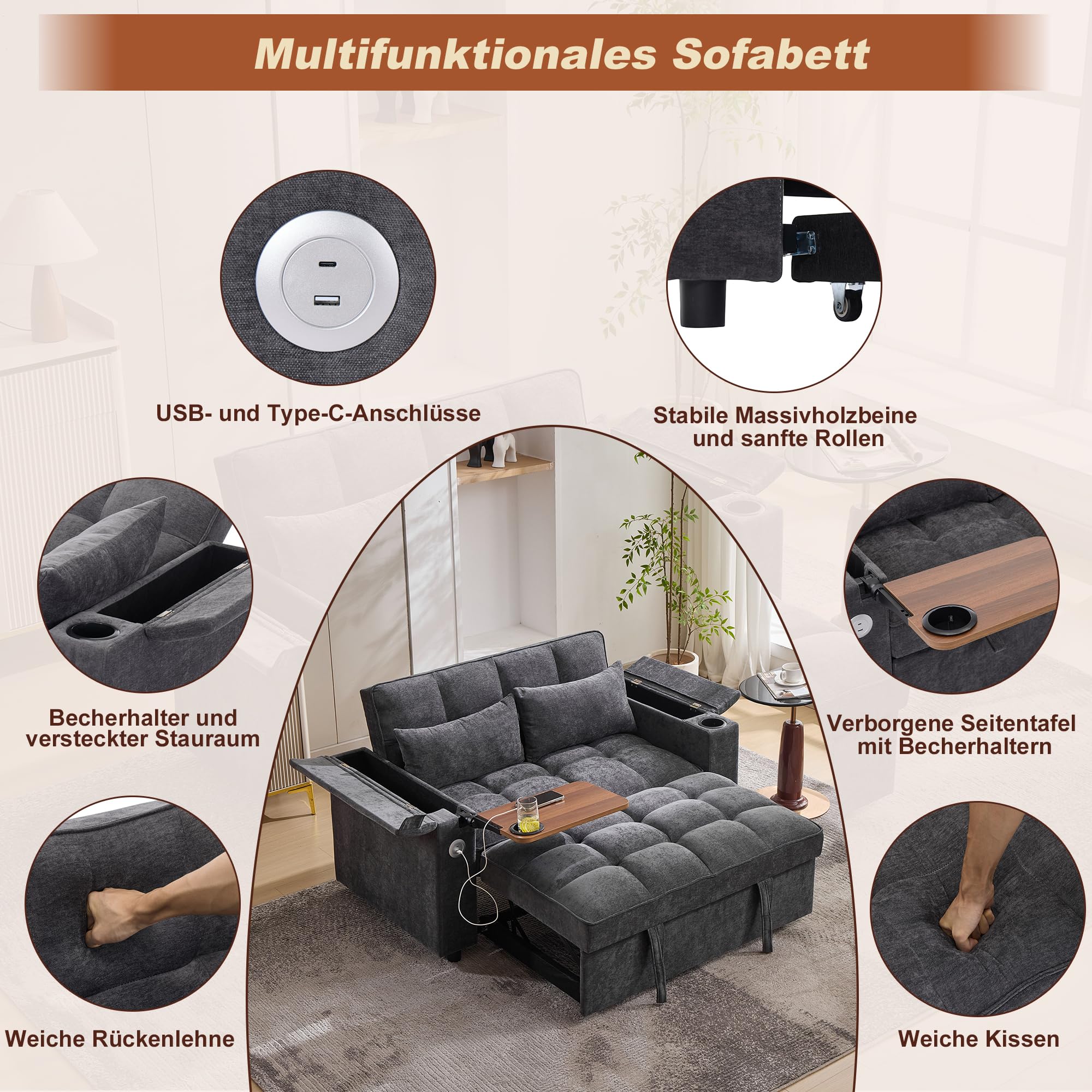 Merax Schlafsofa 3-in-1 Ausziehsofa 140x74x82 cm, 2-Sitzer Sofa mit Schlaffunktion, verstellbare Rückenlehne, USB & Typ-C, Daybed mit Getränkehalter und Stauraum, Ausziehbares Loungesofa Grau