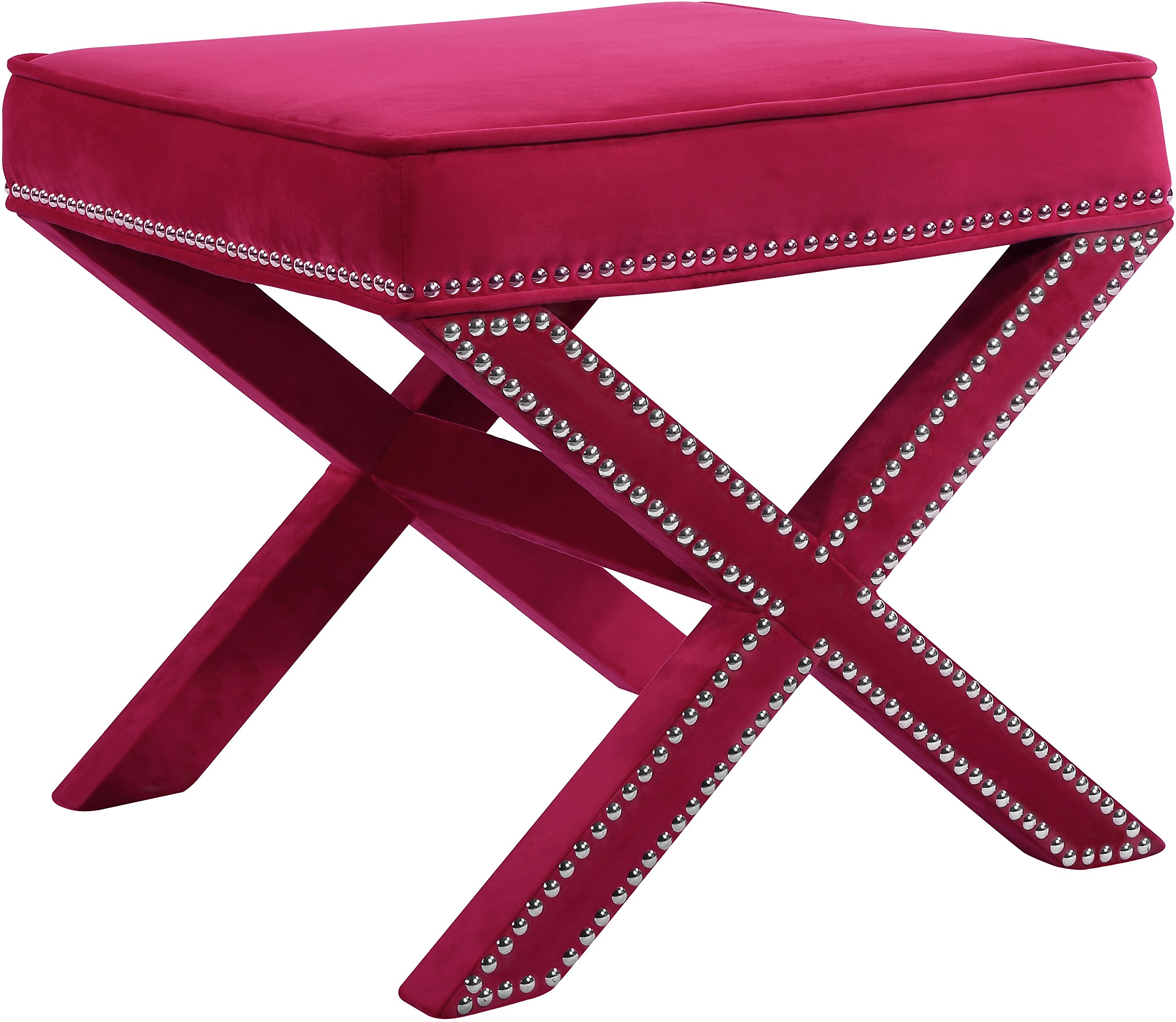 Meridian FurnitureNixon Collection Modern | Contemporary Velvet Upholstered Ottoman / Bench with X-Leg Design, Deep Button Tufting and a Solid Wood Frame Pink 20.5" W x 20.5" D x 19" H