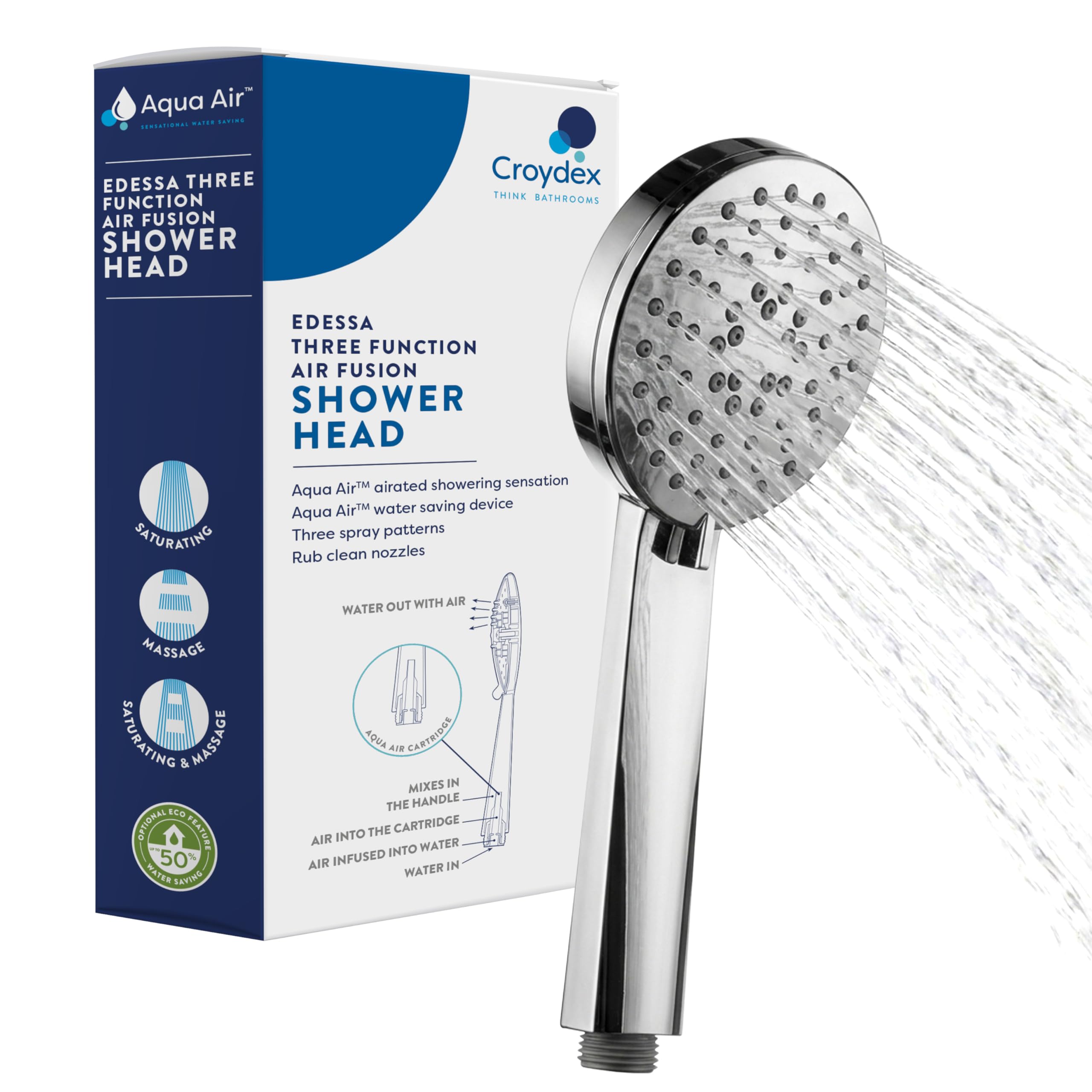 Croydex Chrome Edessa Aqua Air Water Saving 3 Function Shower Head - Shower Heads With Universal ½” B.s.p. Connection, Rub Clean Nozzles, Efficient Shower Spray Handset