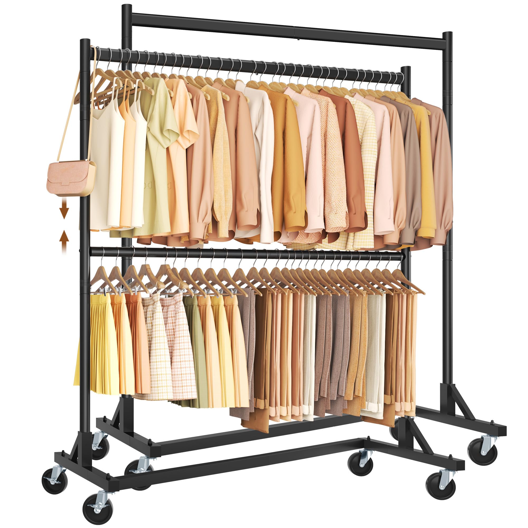 Hoctieon Double Rod Z Rack,Rolling Clothes Racks with Z-Base, Adjustable Clothing Rack, Standing Clothes Rack, Metal Clothing Racks for Hanging Clothes, Portable Garment Rack,Set of 2,Black
