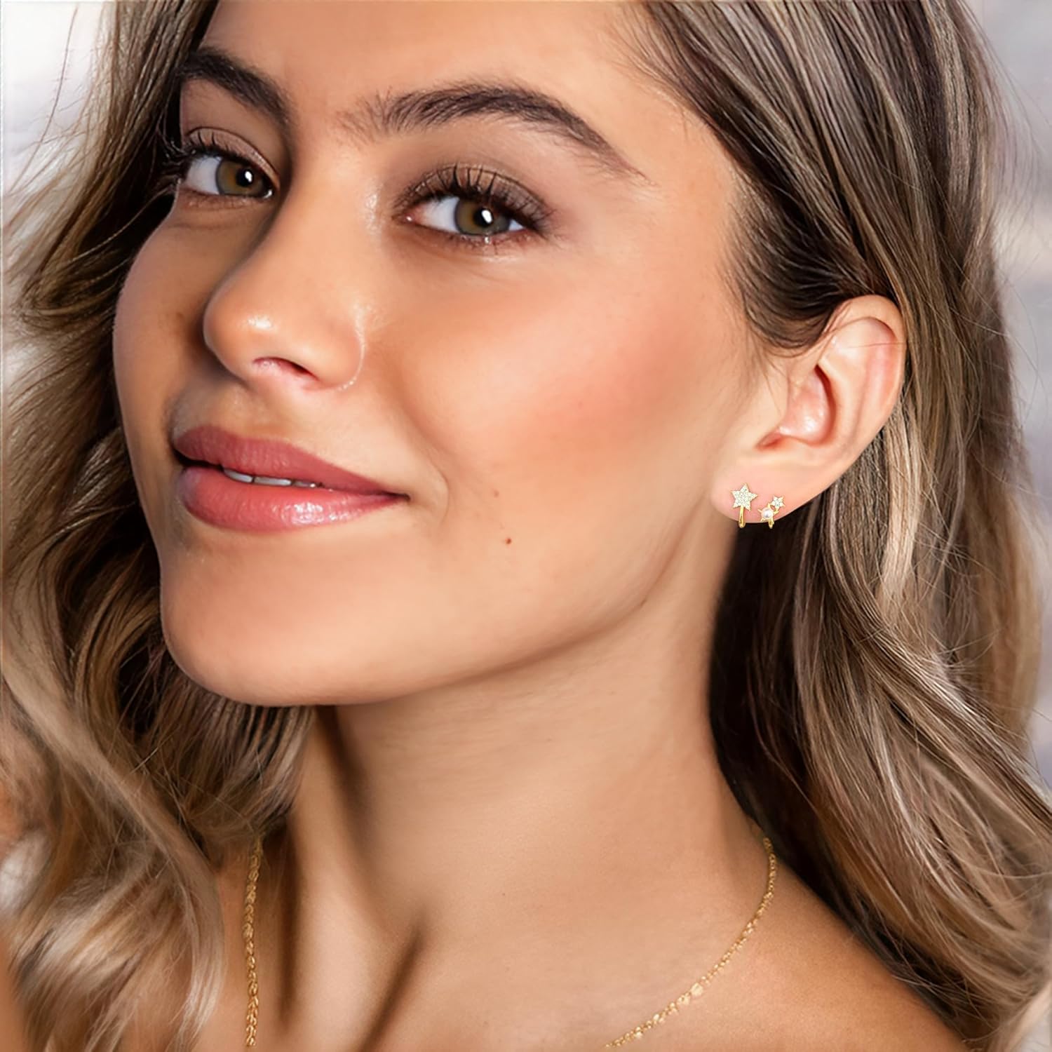 Mini Pearl Star Stud Earrings for Women 925 Sterling Silver Post 14K Gold Plated Small Cubic Zirconia Double Star Hoop Earrings - Image 4