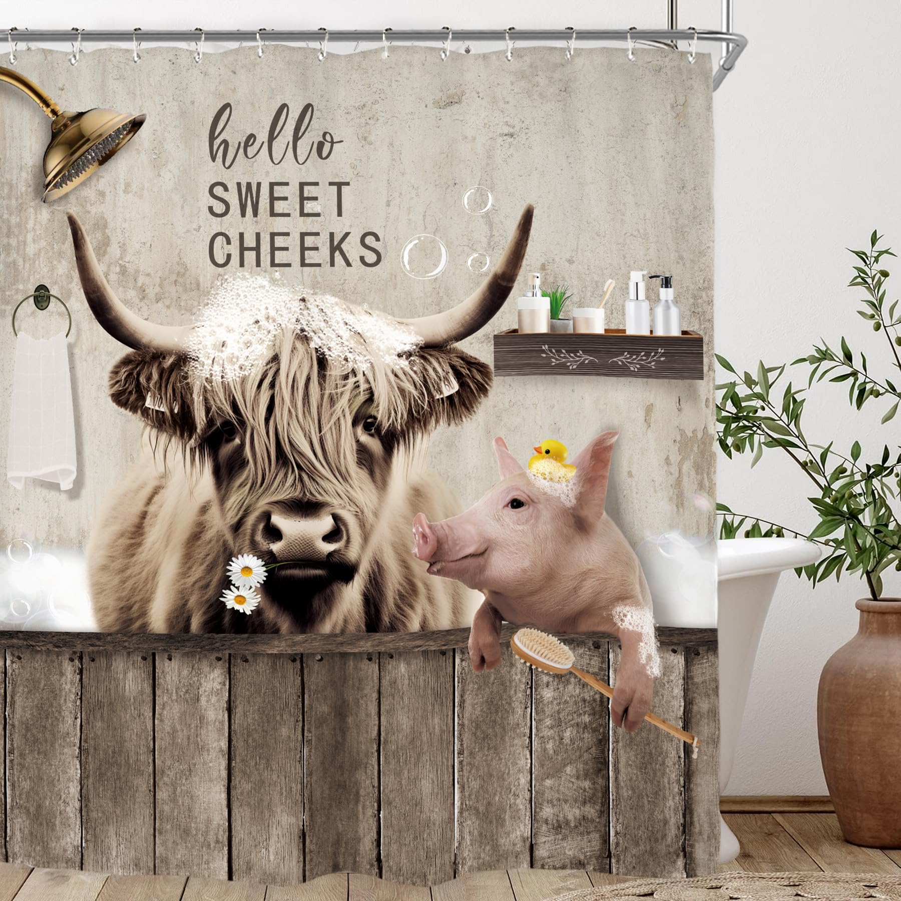 Miyotaa Duschvorhang-Set – Motiv Highland Cow, 152x180 Cm, Wasserdicht, Mit 12 Haken, Rustikal