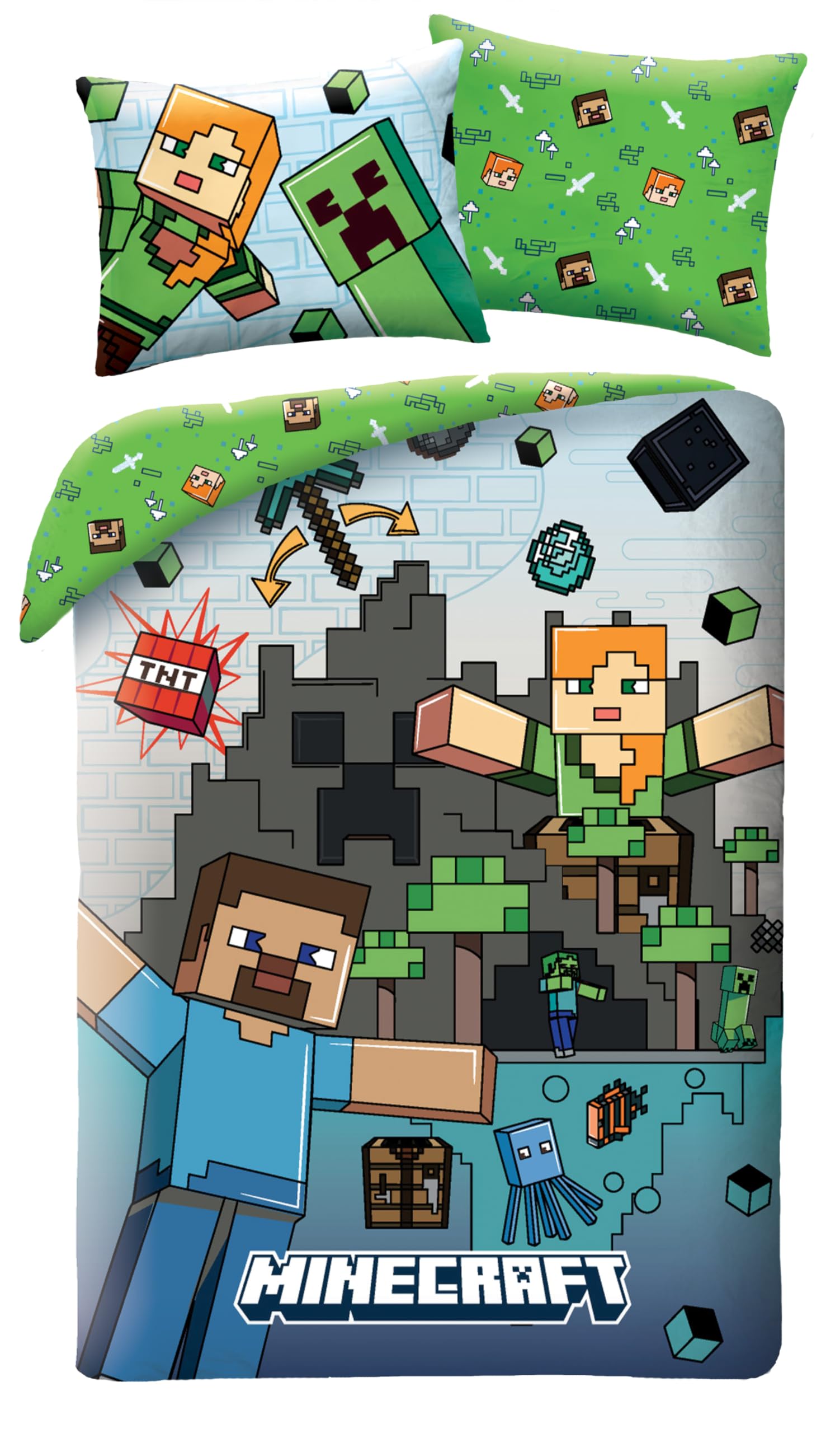 Halantex Multicolored Minecraft Children's Bedding Set – 100% Cotton – Reversible Duvet Cover 140 X 200 Cm + Pillowcase