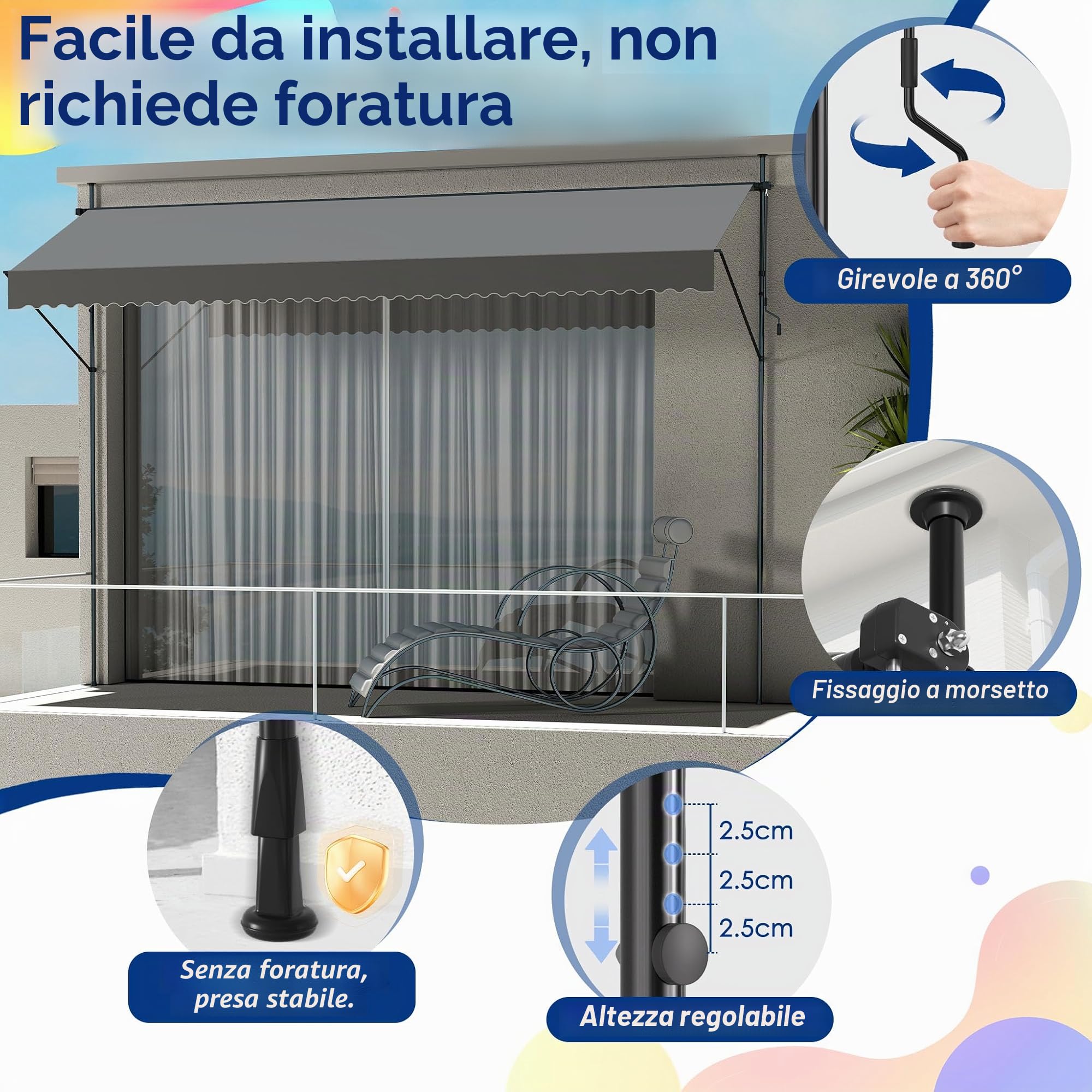 UISEBRT Tenda da Sole a Bracci con Manovella, 250x120cm Protezione per Balcone Regolabile, Senza Forare, protezione UV Tenda da sole per finestre, terrazze, balconi o giardini，Grigio scuro
