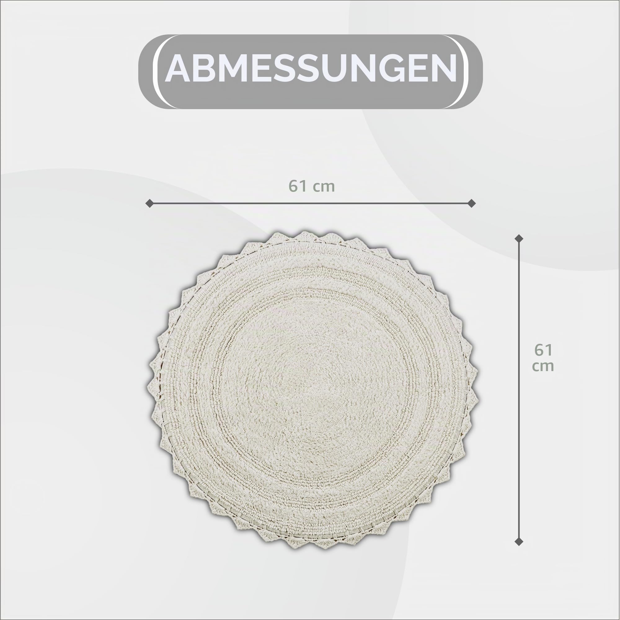 Better Trends Lilly Crochet Badteppich, rund, waschbar, 100% Baumwolle, wasserabsorbierend, Badematten, wendbar, für Dusche, Schlafzimmer oder Heimdekoration, Elfenbeinfarben, 61 cm