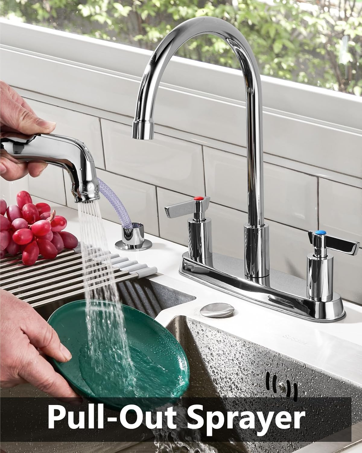 Kitchen Faucet with Sprayer 2 Handle Kitchen Sink Faucets 8 Inch Centerset 3 Hole with Supply Lines Polish Chrome