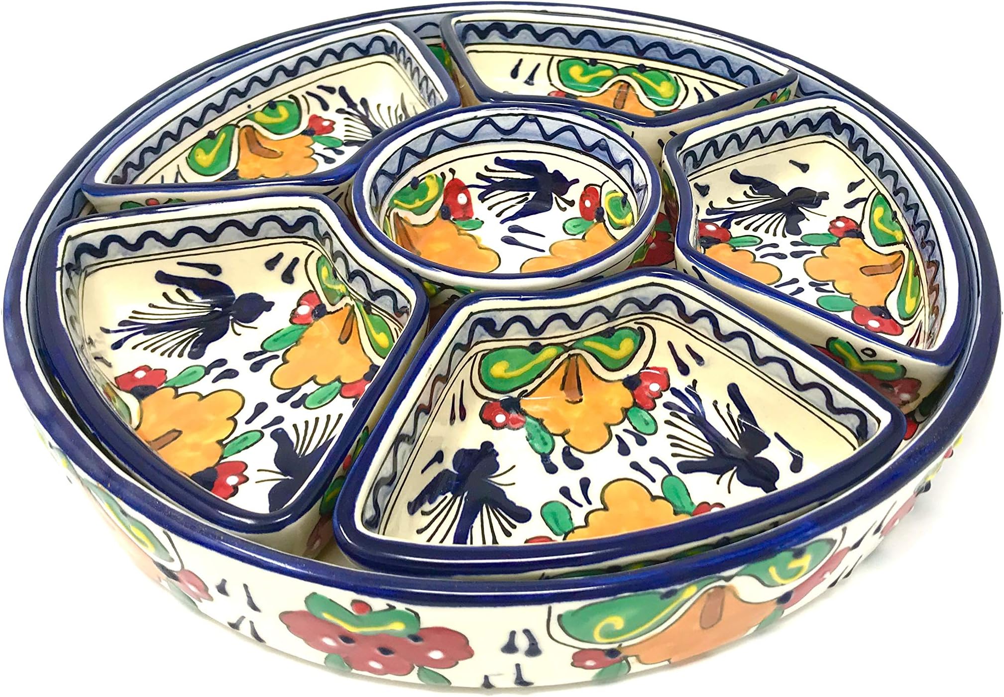 12 inch Mexican Talavera Ceramic Taco Platter with Six Nesting Salsa Bowls