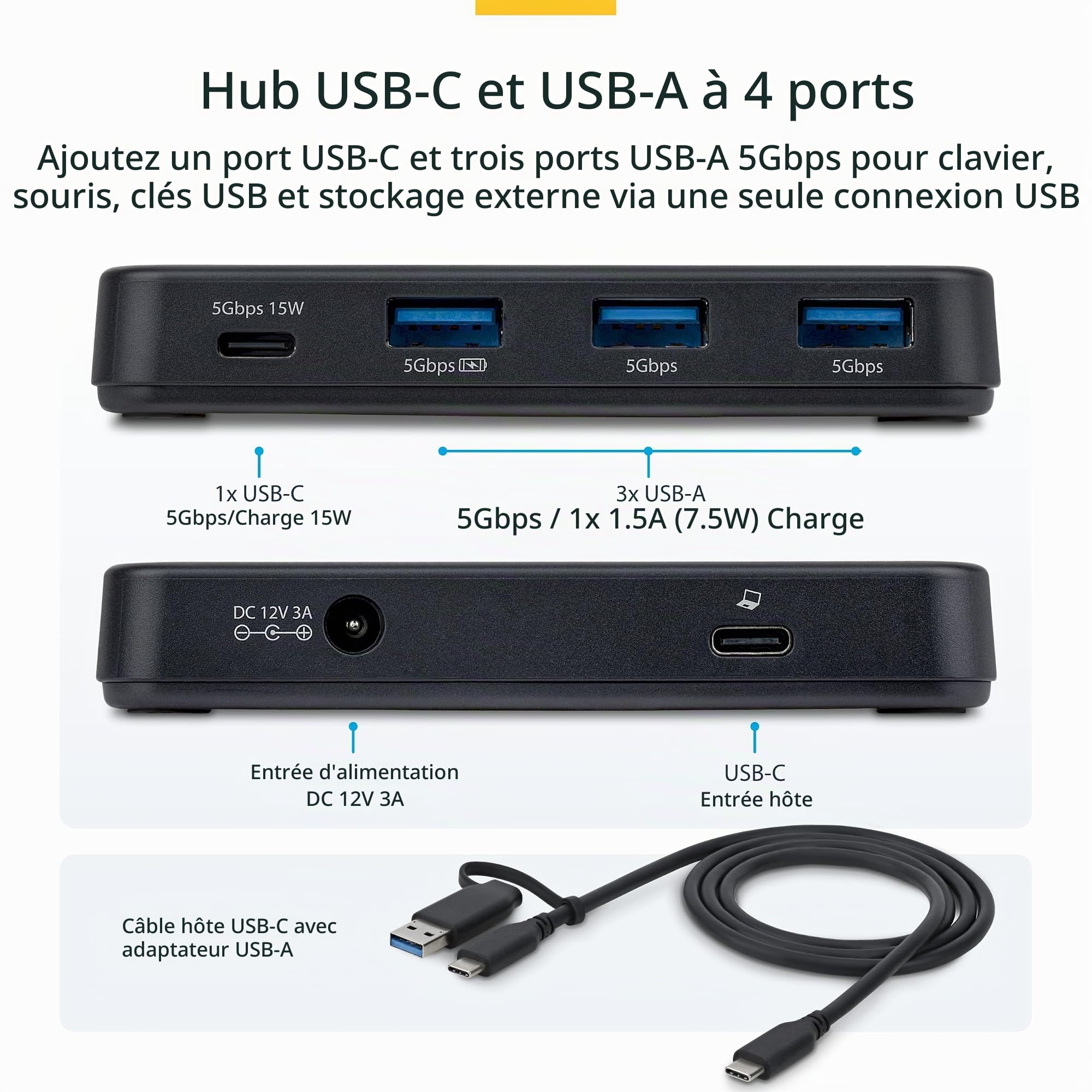 StarTech Hub USB-C et USB-A 4 Ports, 5Gbps, 36W, EU (311UE-USB-HUB) | 1x USB-C et 3x USB-A, Auto-alimenté, Câble adaptateur hôte 2-en-1, BC 1.2, MacBook et Windows
