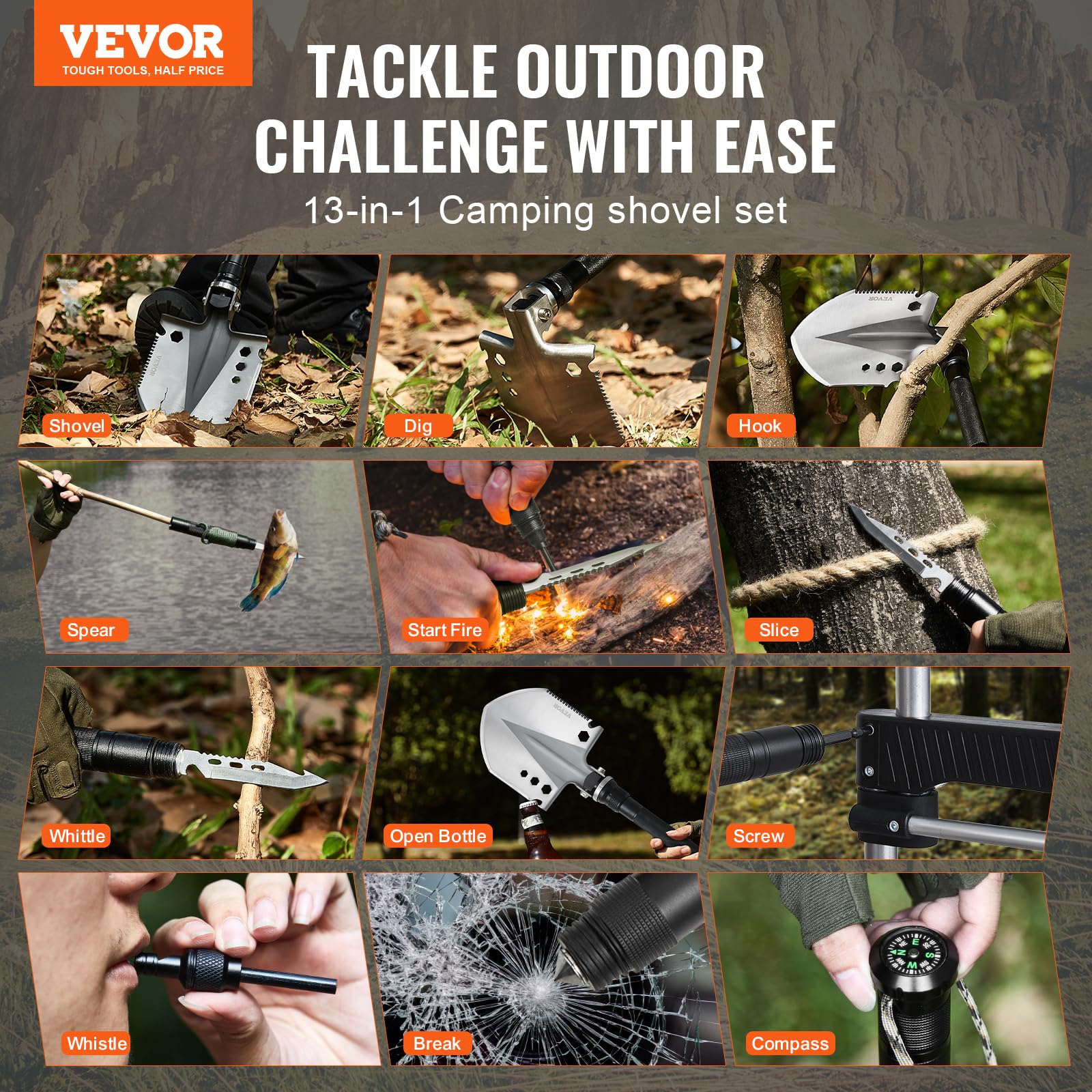 VEVOR Pelle de Survie Pliante, Pelle de Camping multifonctionnelle 13 en 1, Pelle Tactique compacte Portable de qualité Militaire, pour Tout-Terrain, Camping, randonnée, extérieur, Survie, Urgence