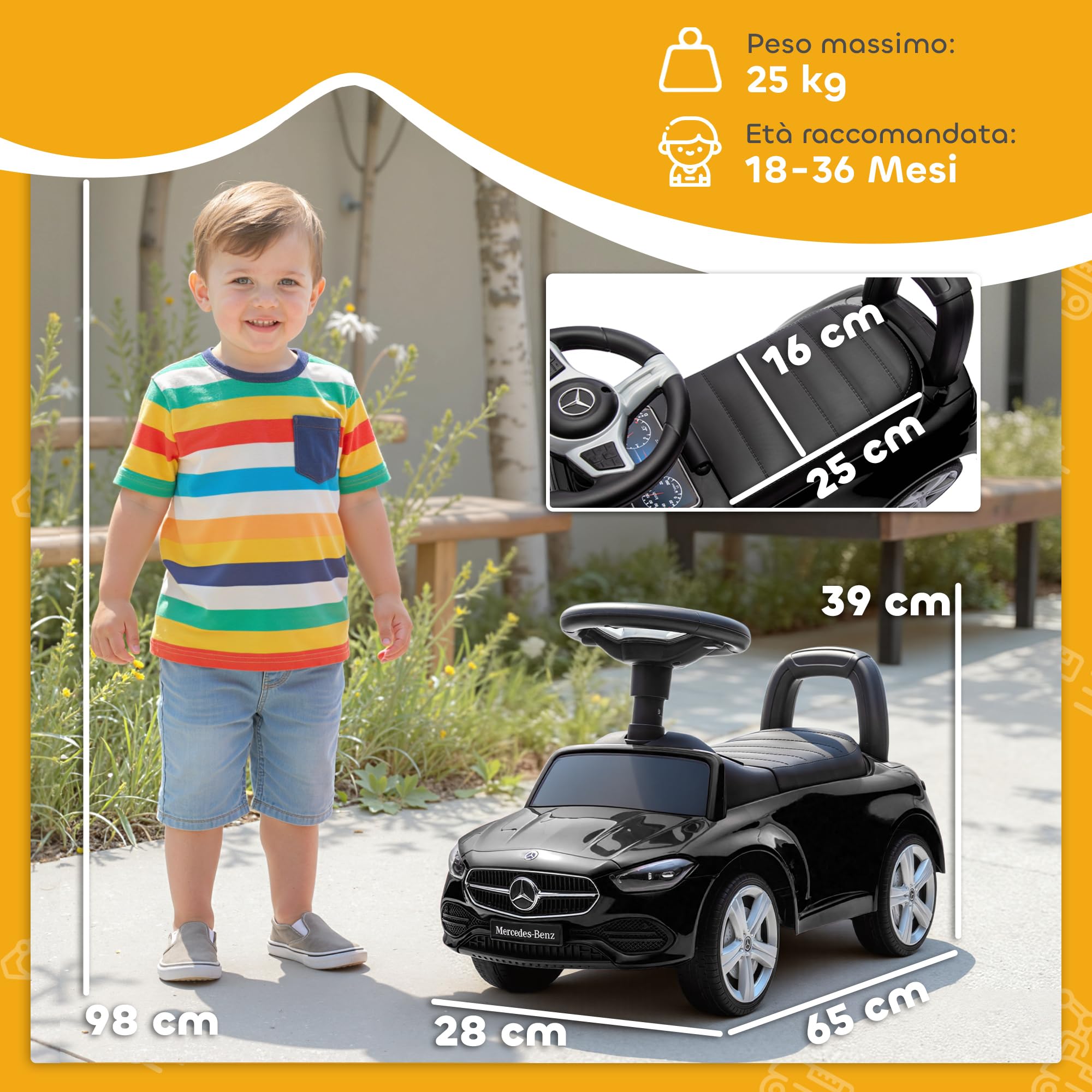 AIYAPLAY Macchina Primi Passi per Bambini Licenza Mercedes Benz con Clacson e Spazio Portaoggetti, Auto per Bambini in PP e Acciaio, 65x28x39 cm, Nero