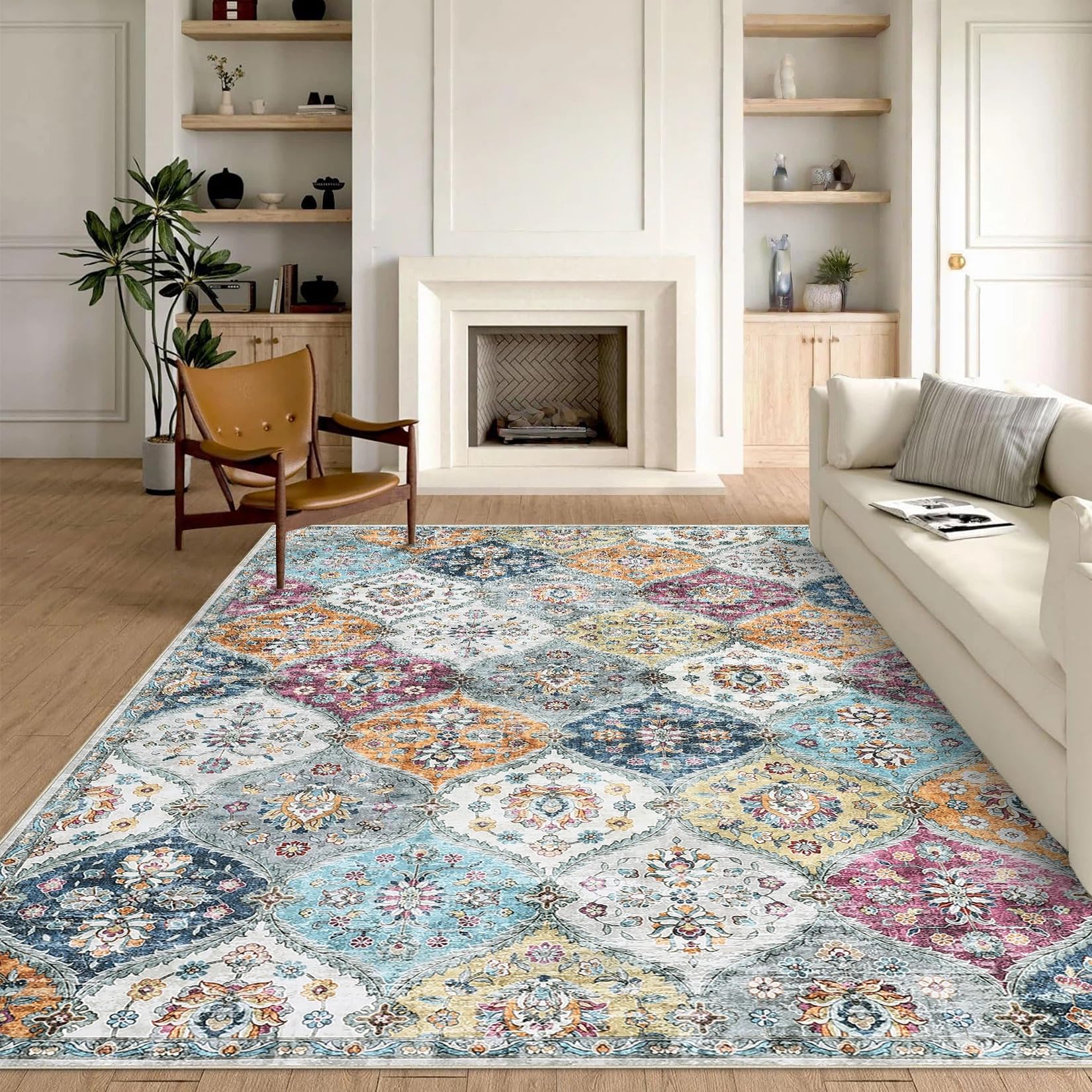 LuxFocus Living Room Rug 200x290 cm, Vintage Floral Area Rug, Oriental Design, Large Non-Slip Low Pile Carpet for Bedroom Dining Room, Yellow Purple