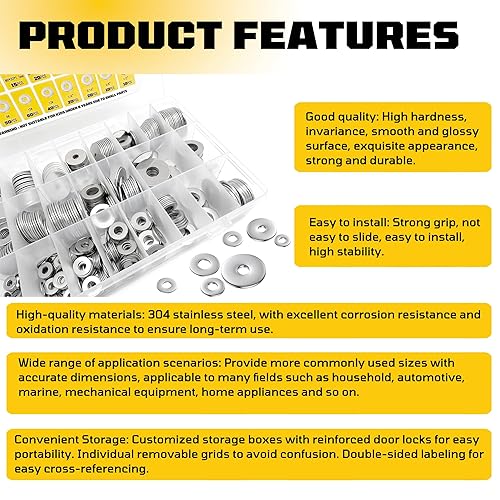 Miniatura 6 de 520 arandelas planas de acero inoxidable SAE + métricas para tornillos, acero inoxidable 304, varios 23 tamaños (M3 M4 M5 M6 M8 M10 M12 6# 8 # 10#