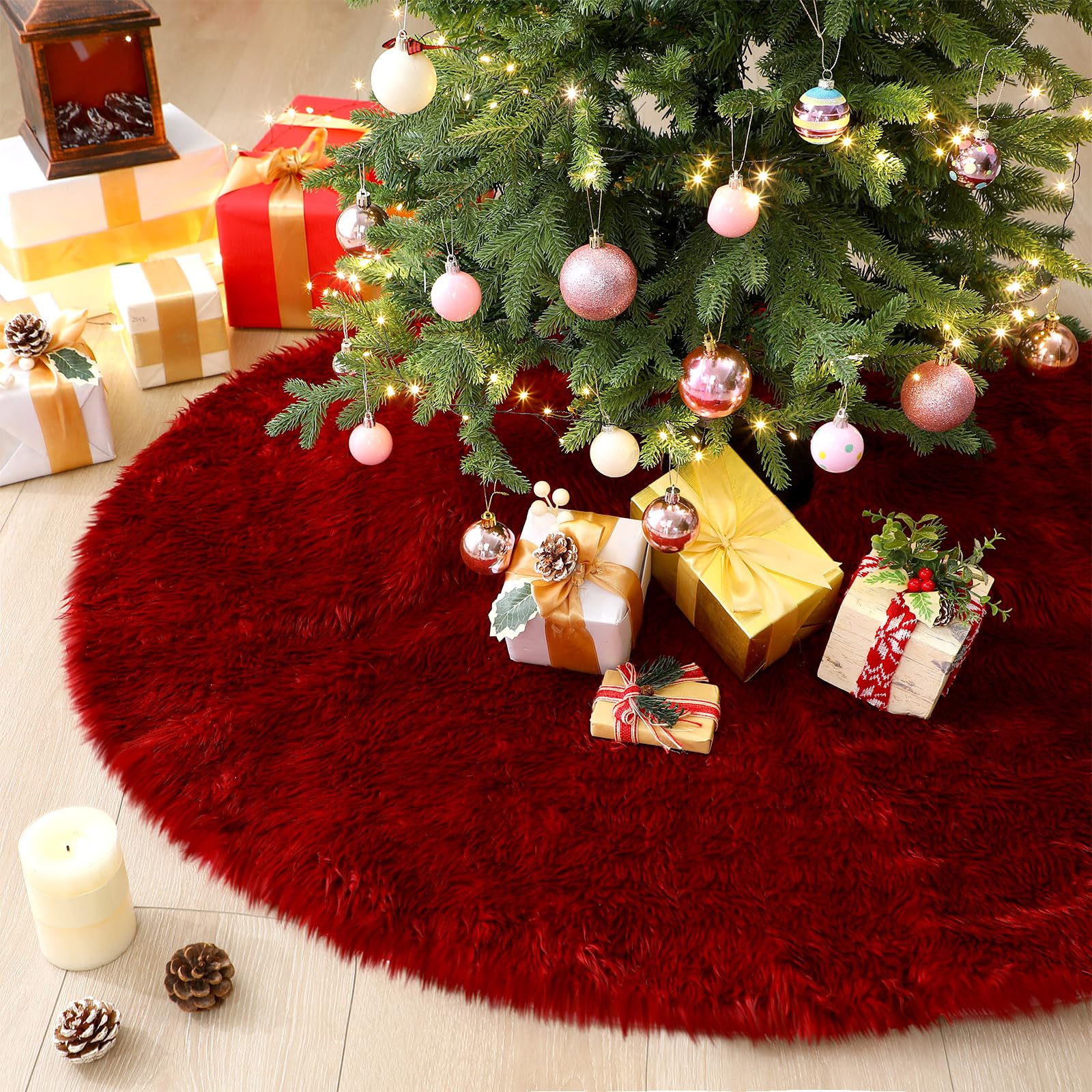 Civaner Burgundy Red Christmas Tree Plush Skirts Decorations Faux Fur Plush Christmas Tree Skirt Merry Xmas New Year Holiday Party Decorations for