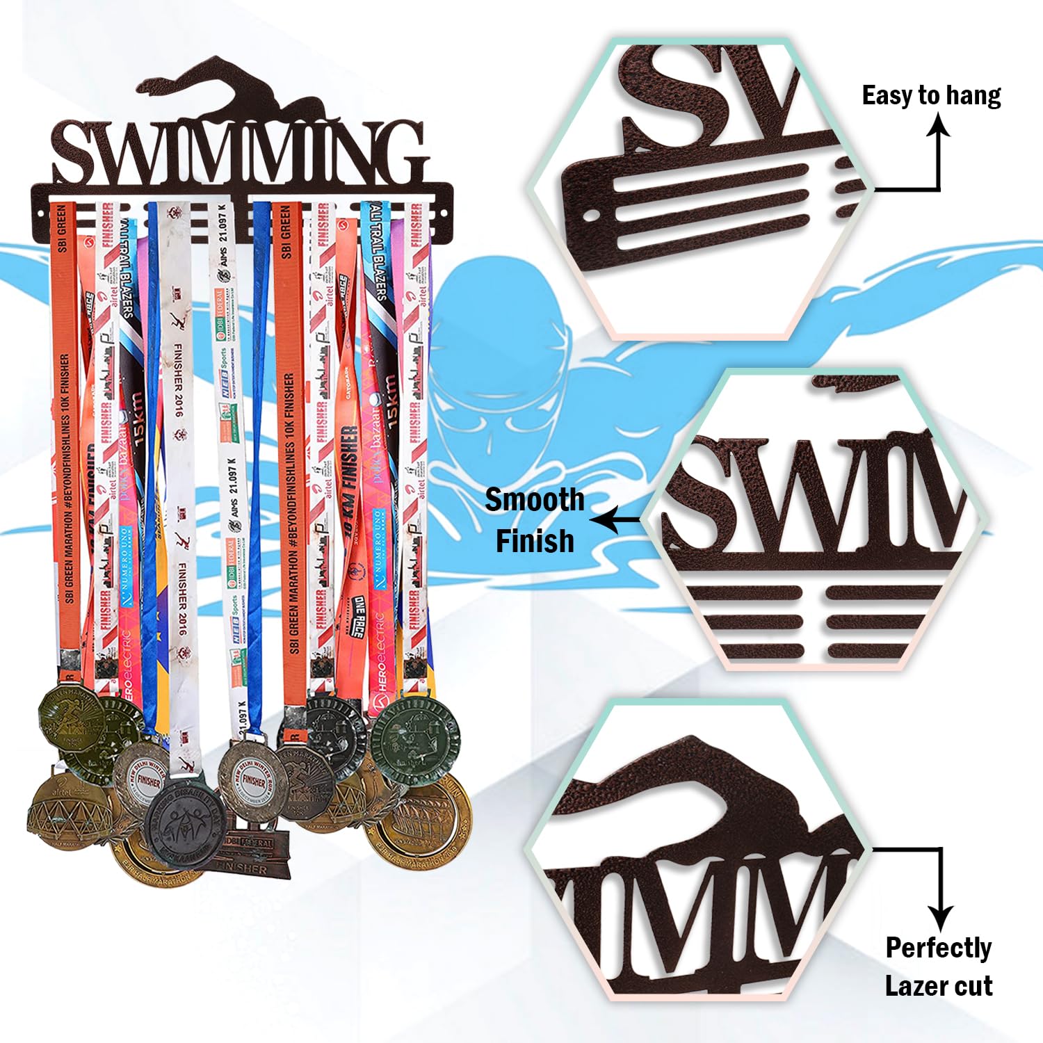 SEHAZ ARTWORKS Medal Hanger Display | Medal Holder | Medal Display | Medal Display Hanger Swimming Brown