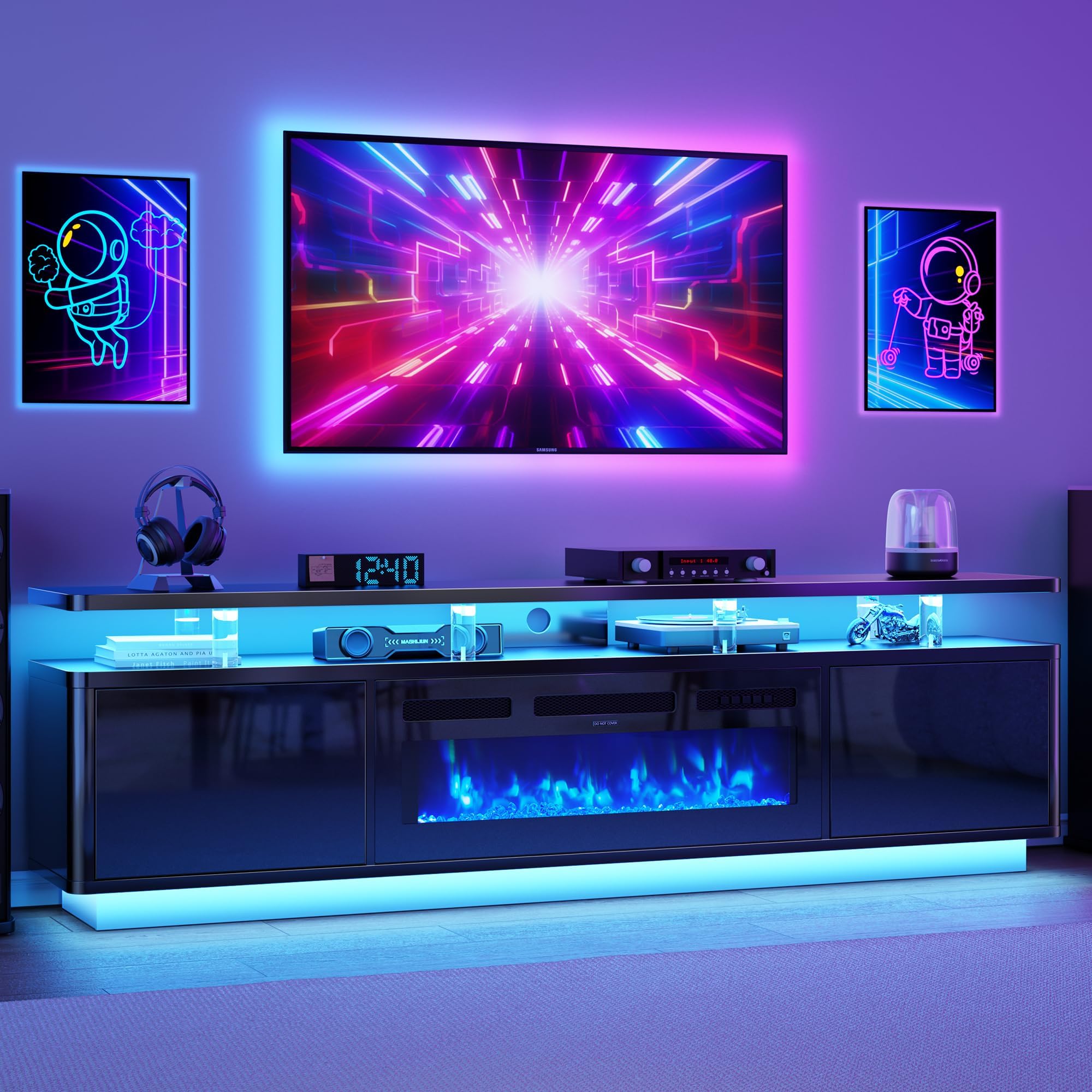 80" Fireplace TV Stand with Double LED Lights for TVs UP to 80", Electric Fireplace Entertainment Center with Storage Cabinets, TV Console for Living Room, Office, Black