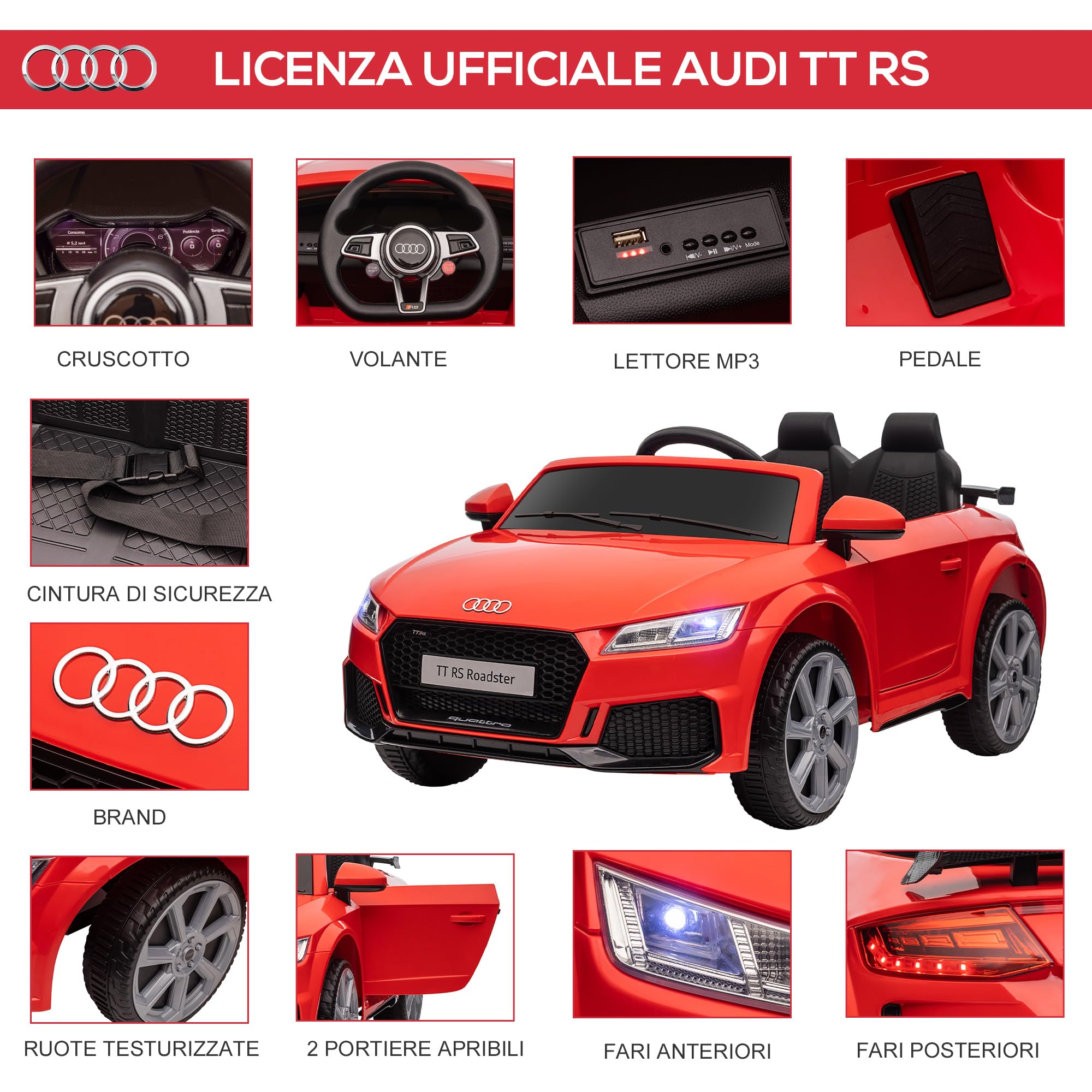 HOMCOM Macchina Elettrica per Bambini 3-5 Anni 12V 3Km/h Licenza AUDI TT, Auto Elettrica per Bambini con 2 Motori, Telecomando 2.4G, Clacson, Musica e Fari LED, Rosso
