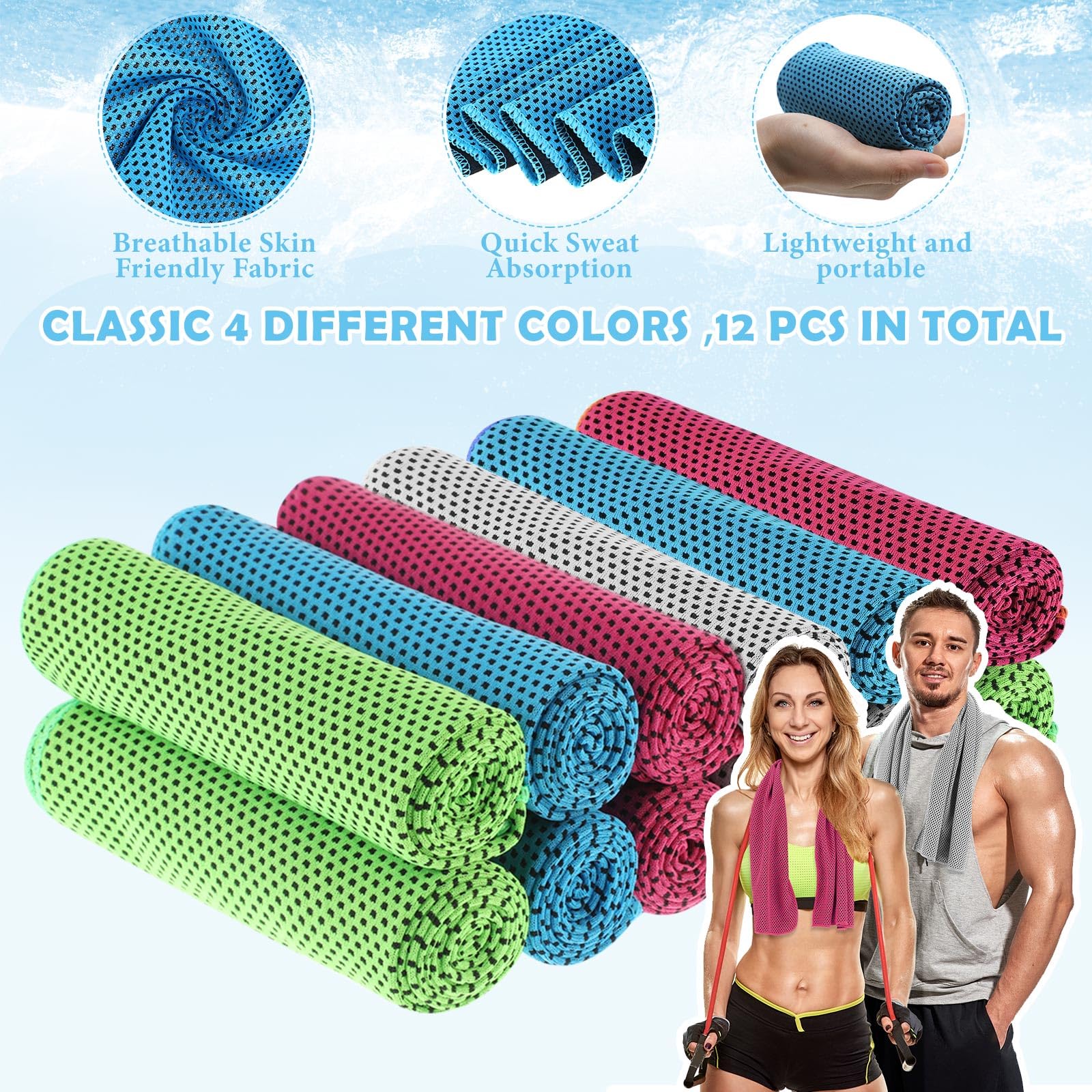 Confezione da 12 Asciugamani rinfrescanti con borracce, 81 x 30 cm, riutilizzabili, Ideali per Il Collo, Perfetti per Sport, Palestra, Corsa, Yoga, Campeggio e attività all'aperto.