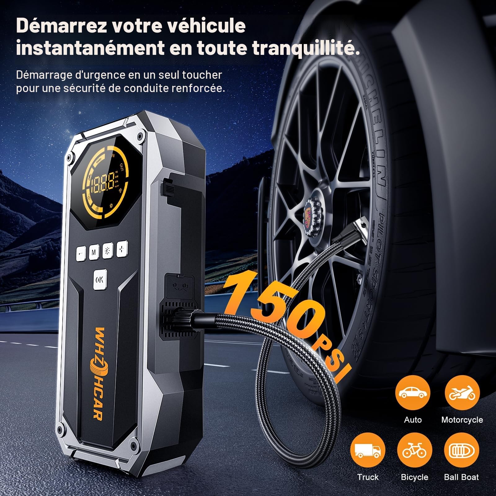 Booster Batterie Voiture 150PSI Compresseur 12V Jump Starter Diesel | Puissance 9000A PowerBank USB Pinces Sécurité LED Lumière Écran LCD pour Essence Moto Camion Hiver Voyage