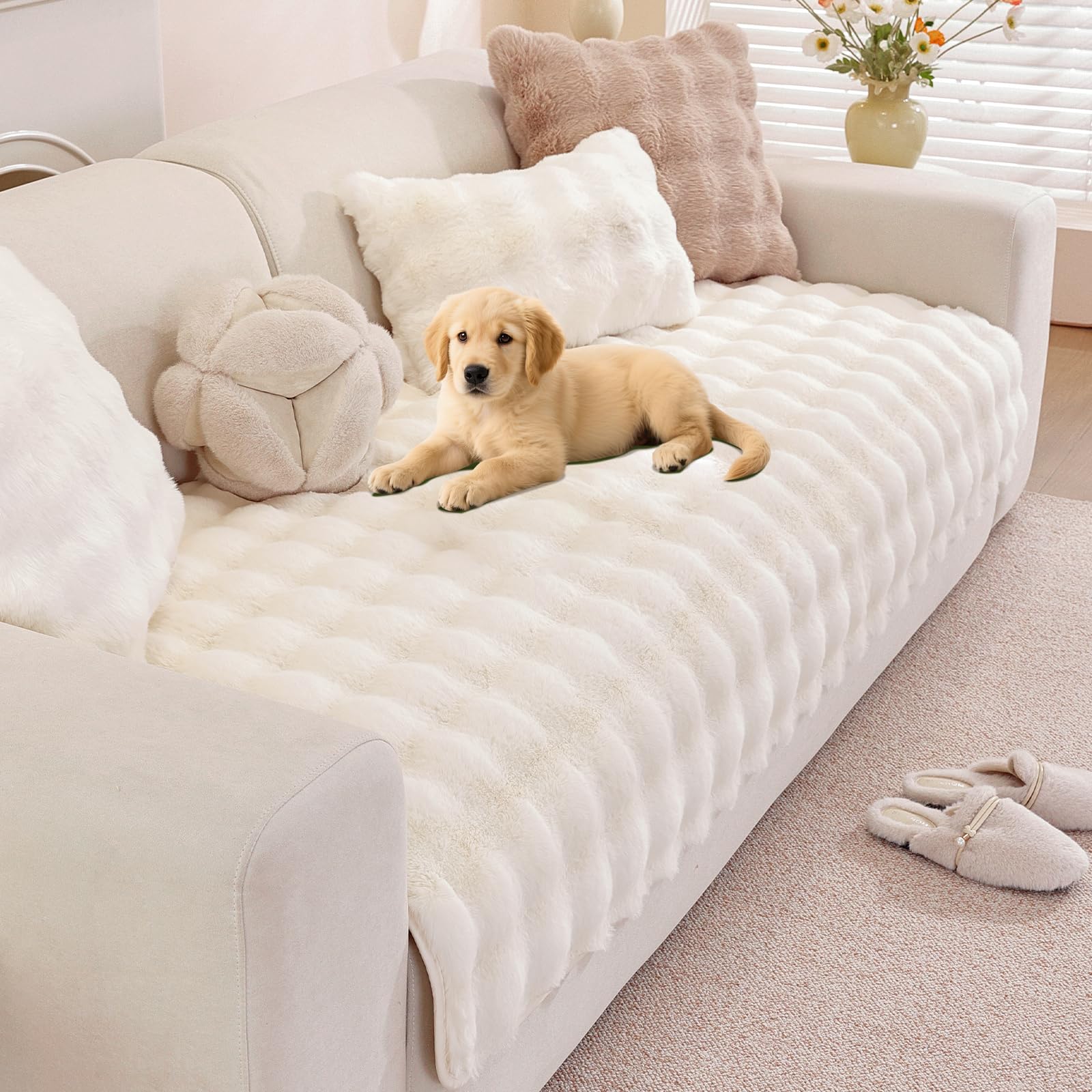 Royhom Thick Plush Sofa Cover, Non-Slip Leather Sofa Cover, Corner Sofa Cover, Soft Cover for Sofa, Carpet, Window Sill (Cream, 90 x 210 cm)