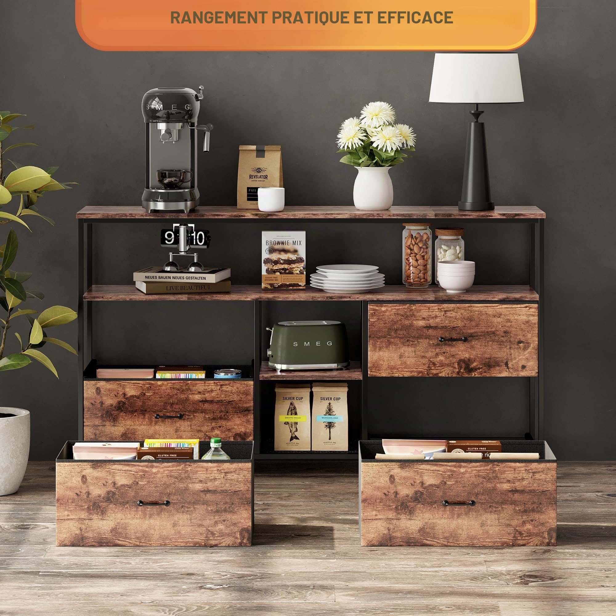 Armoire TV avec lumières LED - 108 x 30 x 78 cm - Meuble TV avec 4 tiroirs, 3 compartiments ouverts - Avec étagère en verre réglable - Pour salon, chambre à coucher - Marron - 108 x 30 x 78 cm
