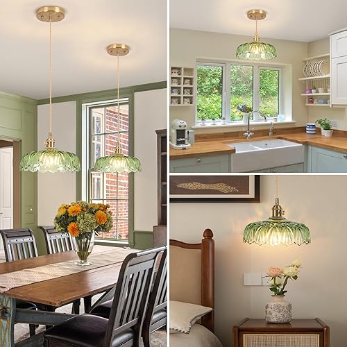 Miniatura 5 de Luces Colgantes para Isla de Cocina, Luz Colgante de Cristal Verde Accesorios de Iluminación Vintage, 9.4 pulgadas E26 Acabado Lámpara Colgante de