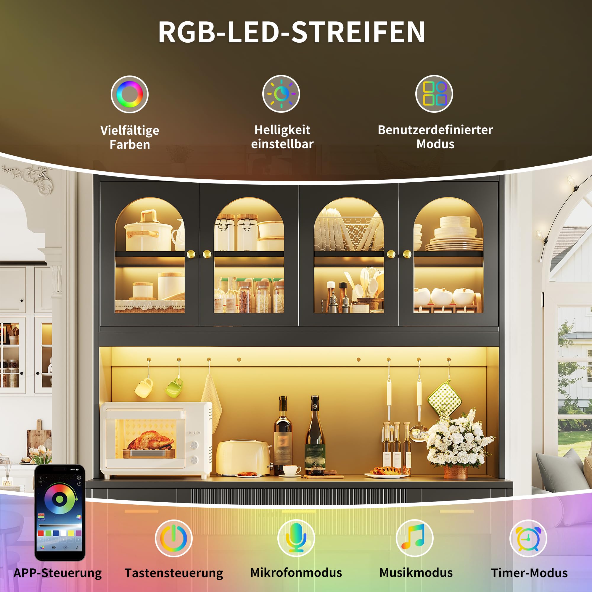 Buffet Cuisine Rangement 120 cm, Armoire de Cuisine Haute Modulable avec LED RGB et App, 3 Vitrines en Verre, Tiroirs, Étagères Coulissantes – Vaisselier Moderne pour Salon, Salle à Manger et Cuisine