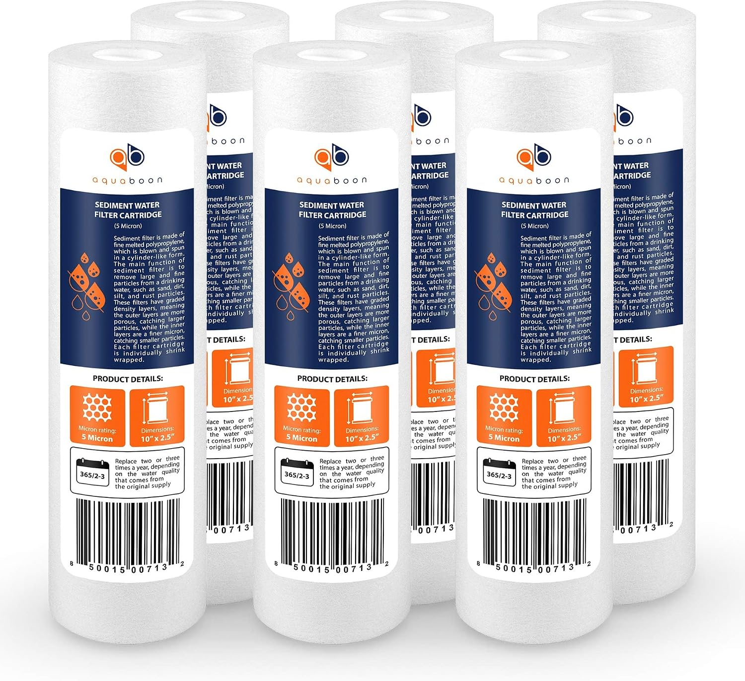 Aquaboon 5 Micron 10 x 2.5 Sediment Filter - Whole House Water Filter Replacement Compatible with Well Water Filters - P5, AP110, WHKF-GD05, 6 Pack