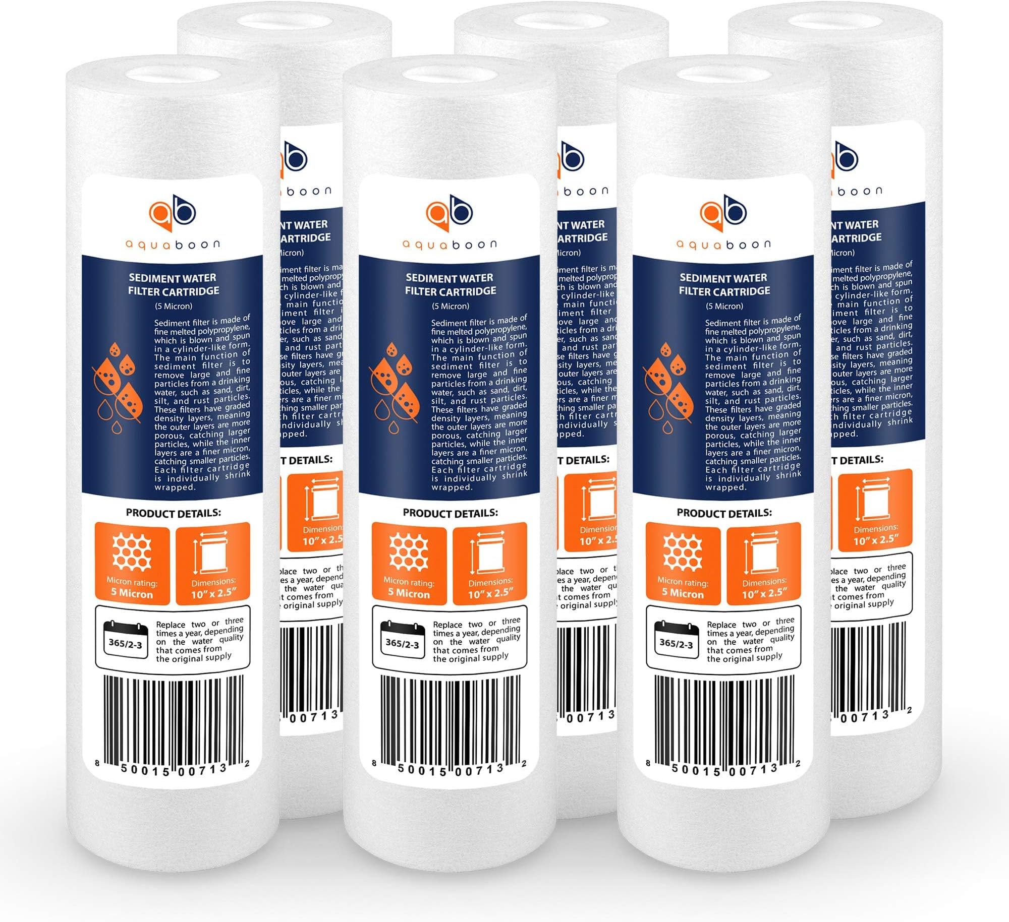 Aquaboon 5 Micron 10 x 2.5 Sediment Filter - Whole House Water Filter Replacement Compatible with Well Water Filters - P5, AP110, WHKF-GD05, 6 Pack