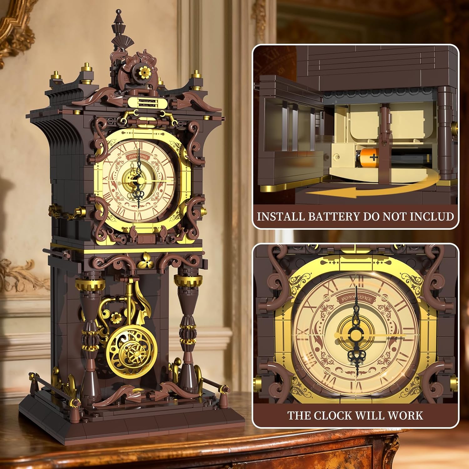Vintage Swing Clock Building Blocks Set, Real Working Moving Pendulum & Rotating Dial, Mechanical Building Blocks Toys, Gift for Adults Teens Girls Boys 12+, Retro Steampunk Home Decor