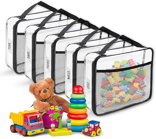 Paquete de 5 bolsas de almacenamiento de juguetes para niños, bolsa organizadora transparente con cremalleras y etiquetas, bolsas de almacenamiento