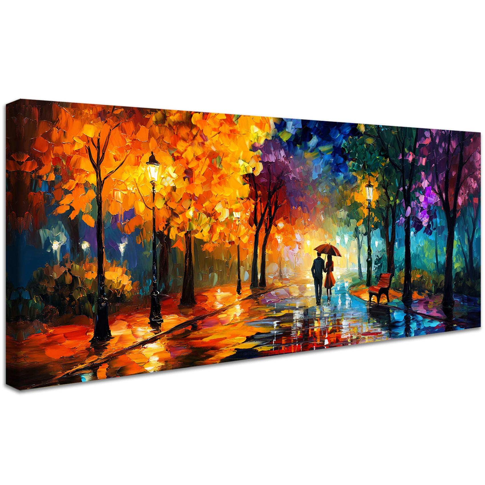 Marco de Madera Grandes Cuadros Decoracion Salon Modernos Pareja bajo un paraguas Lienzo Decorativo Colorido Árbol de Otoño Abstracto Pintura Imagen Cuadros Decorativos Salon Dormitorio 50x120cm