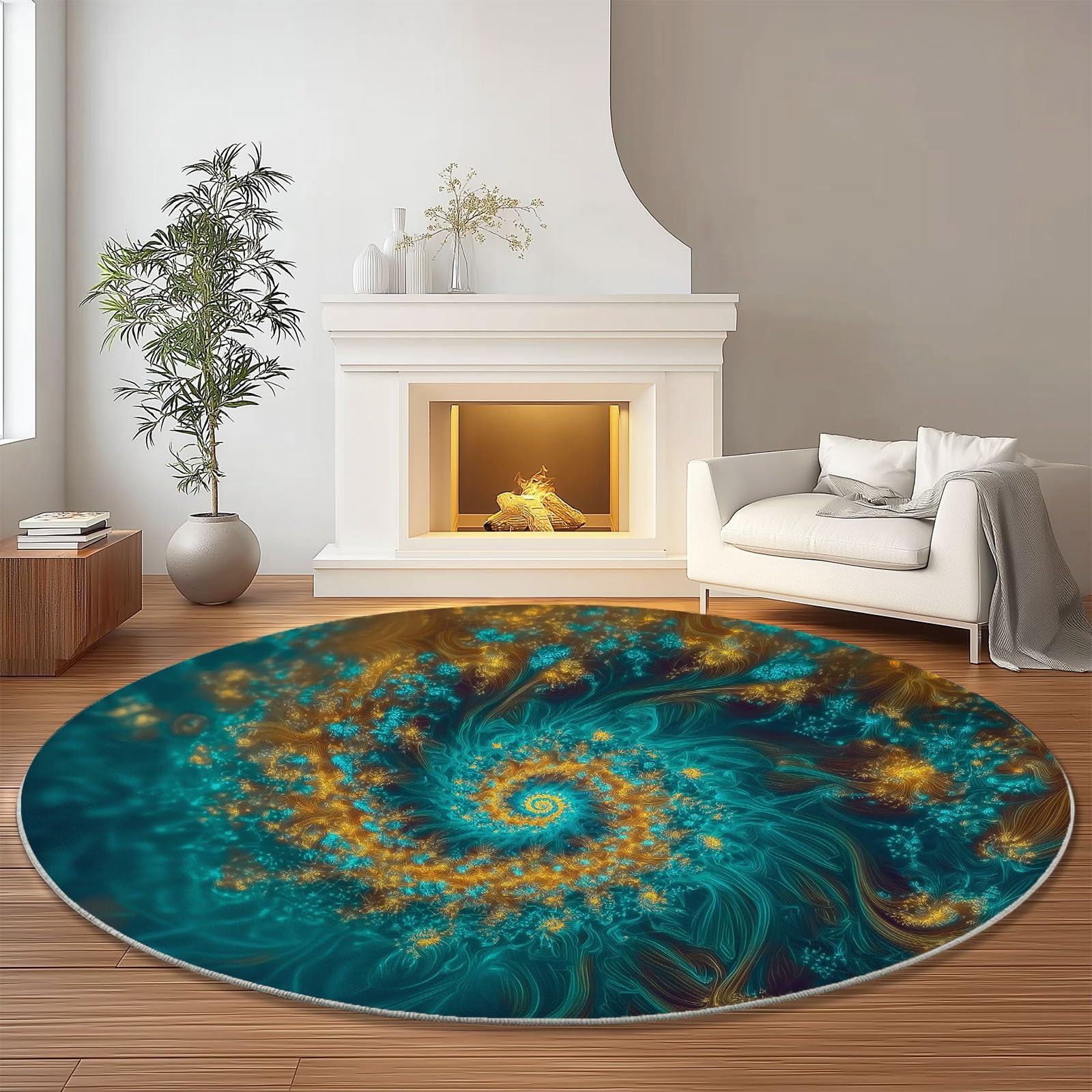 Tappeto Rotondo con vortici psichedelici, Tappeto Grande per Soggiorno, Lavabile e Antiscivolo, Diametro 120 cm, Turchese, Tappetino Decorativo per Camera da Letto, tappeti per la