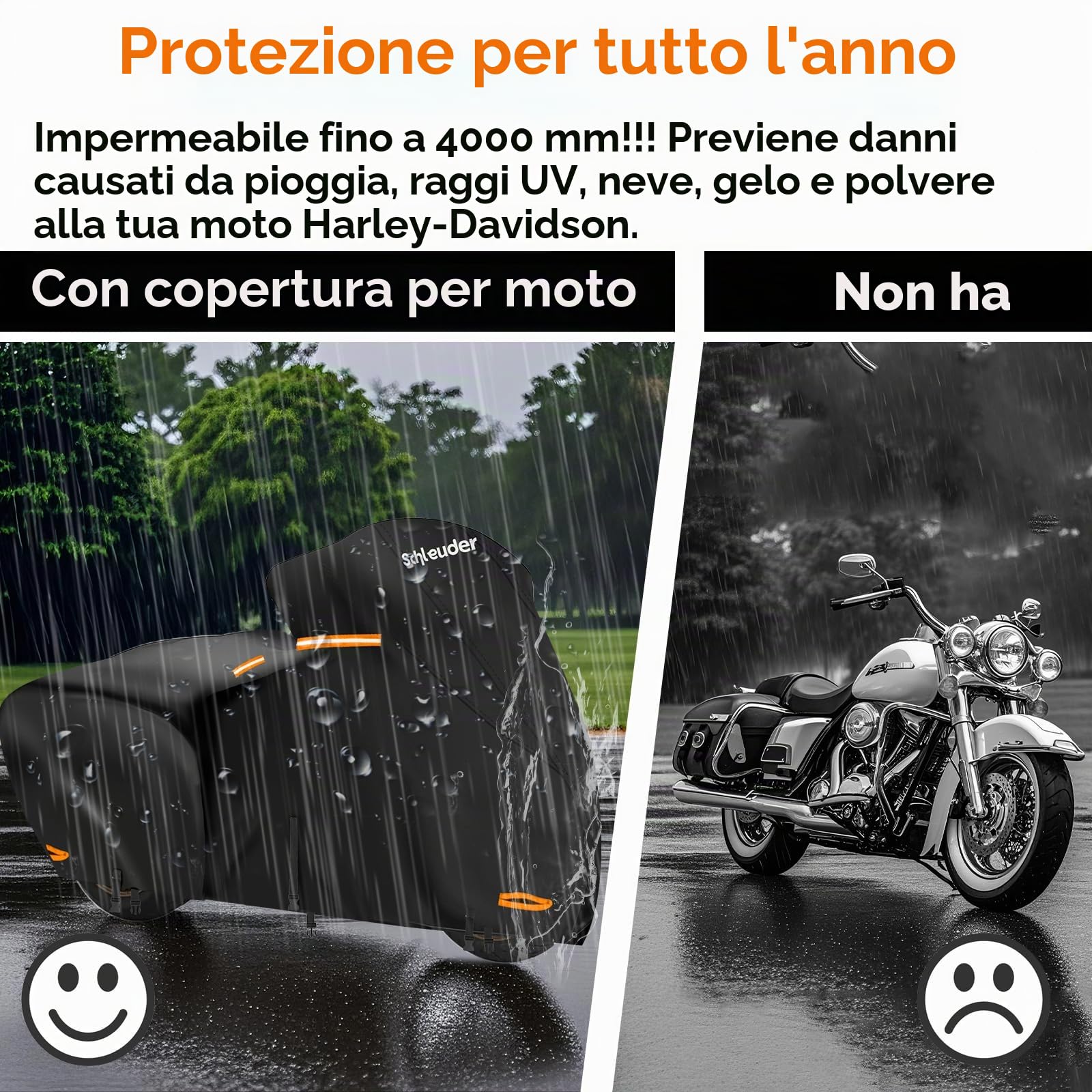 Telo per Harley Davidson - Telo per Harley Tutte le Stagioni con Cinghie Antivento e Strisce Riflettenti, Telo Moto per Harley Davidson da esterno, Telo Copri Moto per Harley Touring 274x111x142 CM.