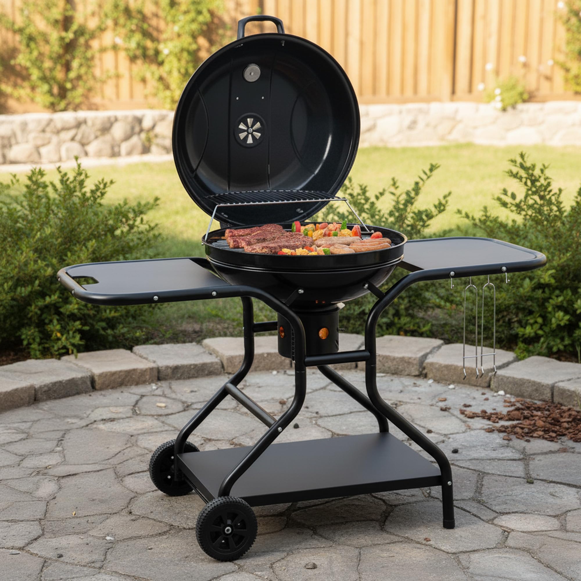 BBQ-Toro Kugelgrill Ø 57 cm mit Ablagefläche und Grillrostheber | Grillfläche Ø 54,5 cm | BBQ Kugelgrill Holzkohle, Barbecue Grill Holzkohle rund, Holzkohlegrill mit Deckel